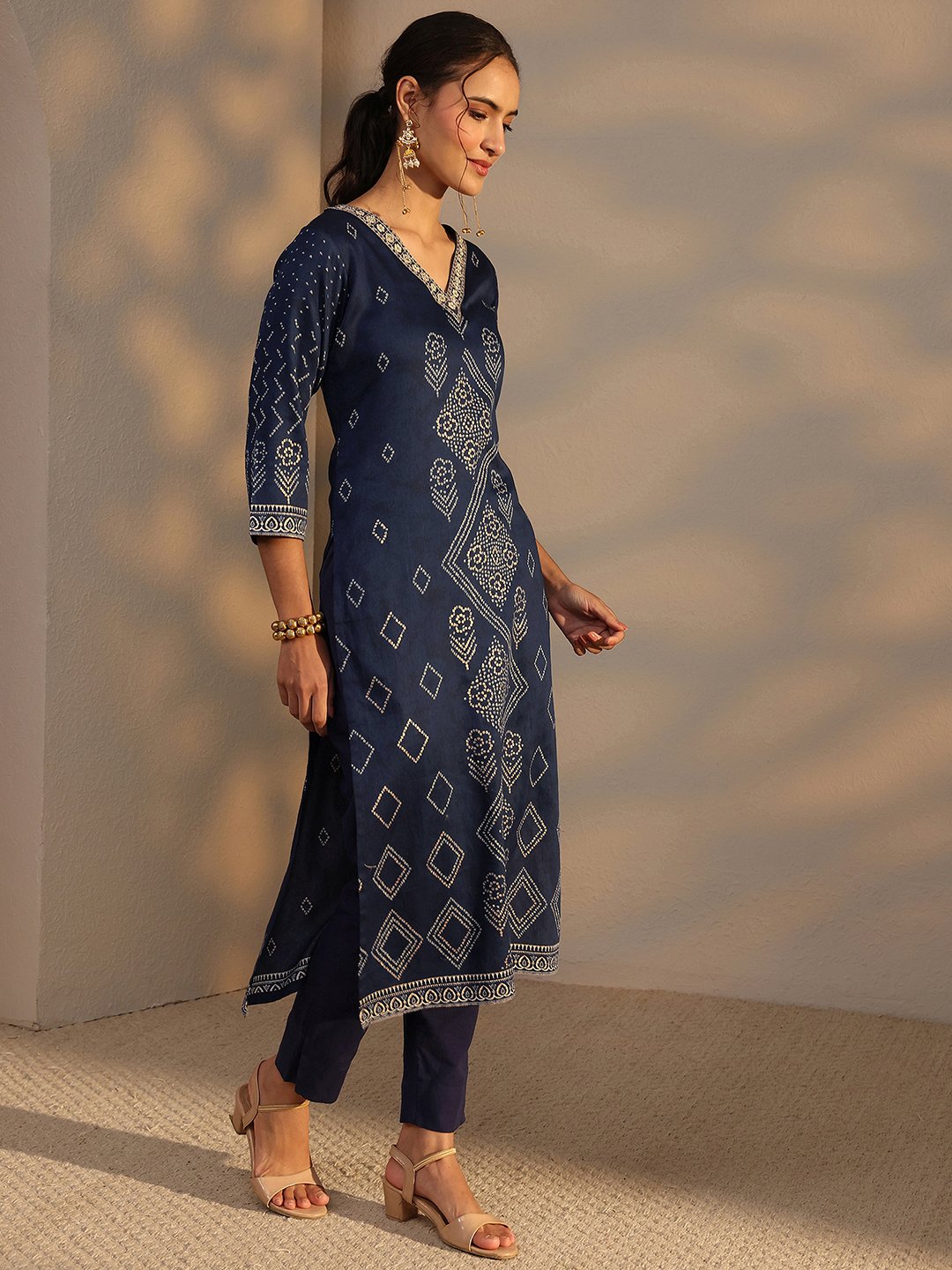 Blue Bandhani Inspired Print Cotton Straight-Fit Kurta