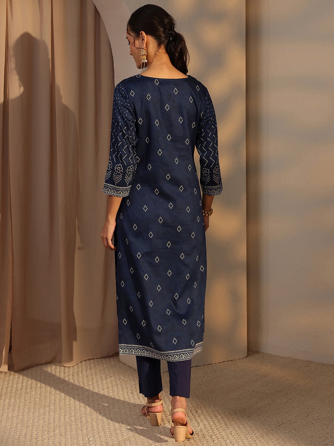 Blue Bandhani Inspired Print Cotton Straight-Fit Kurta