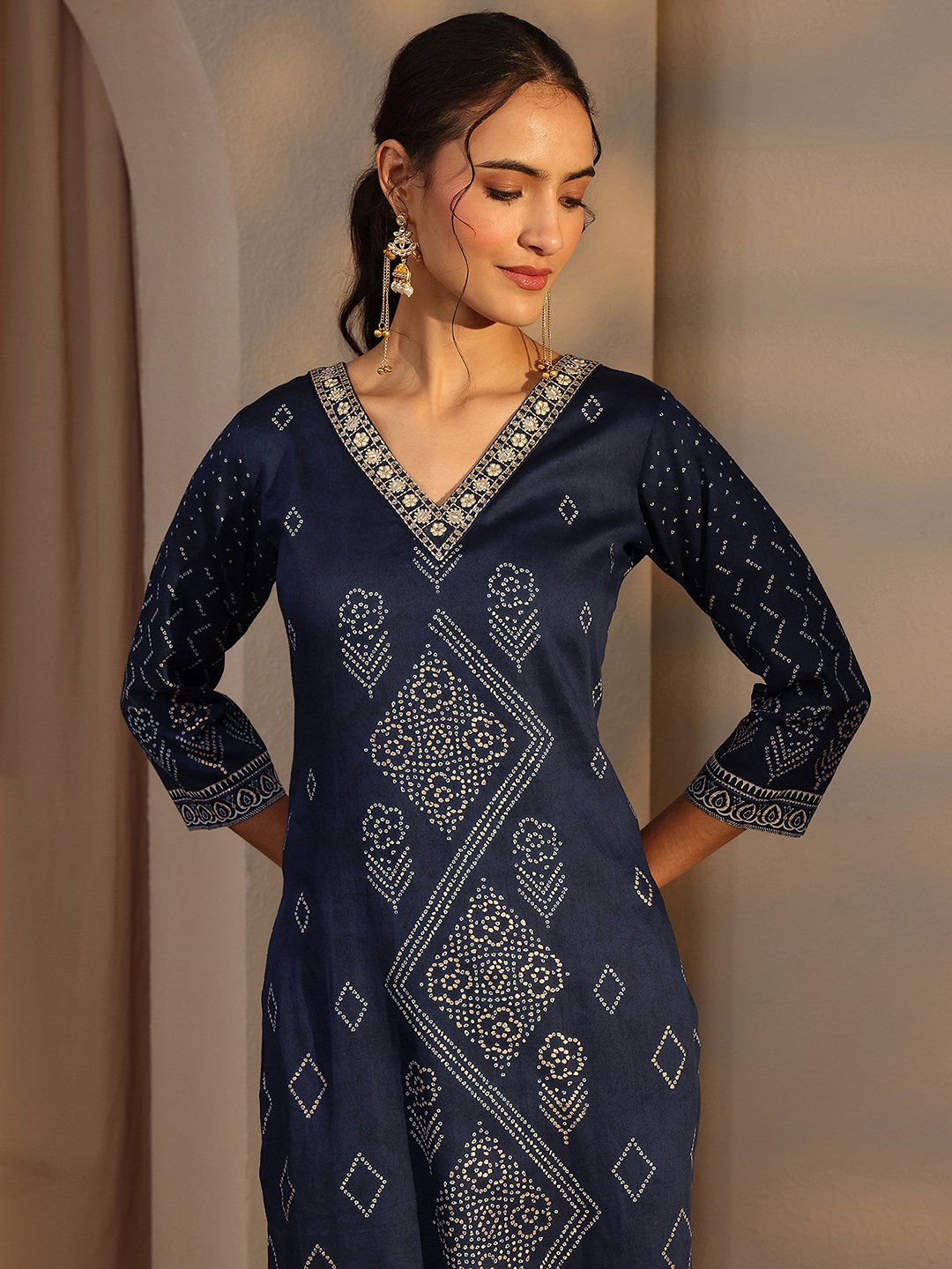 Blue Bandhani Inspired Print Cotton Straight-Fit Kurta