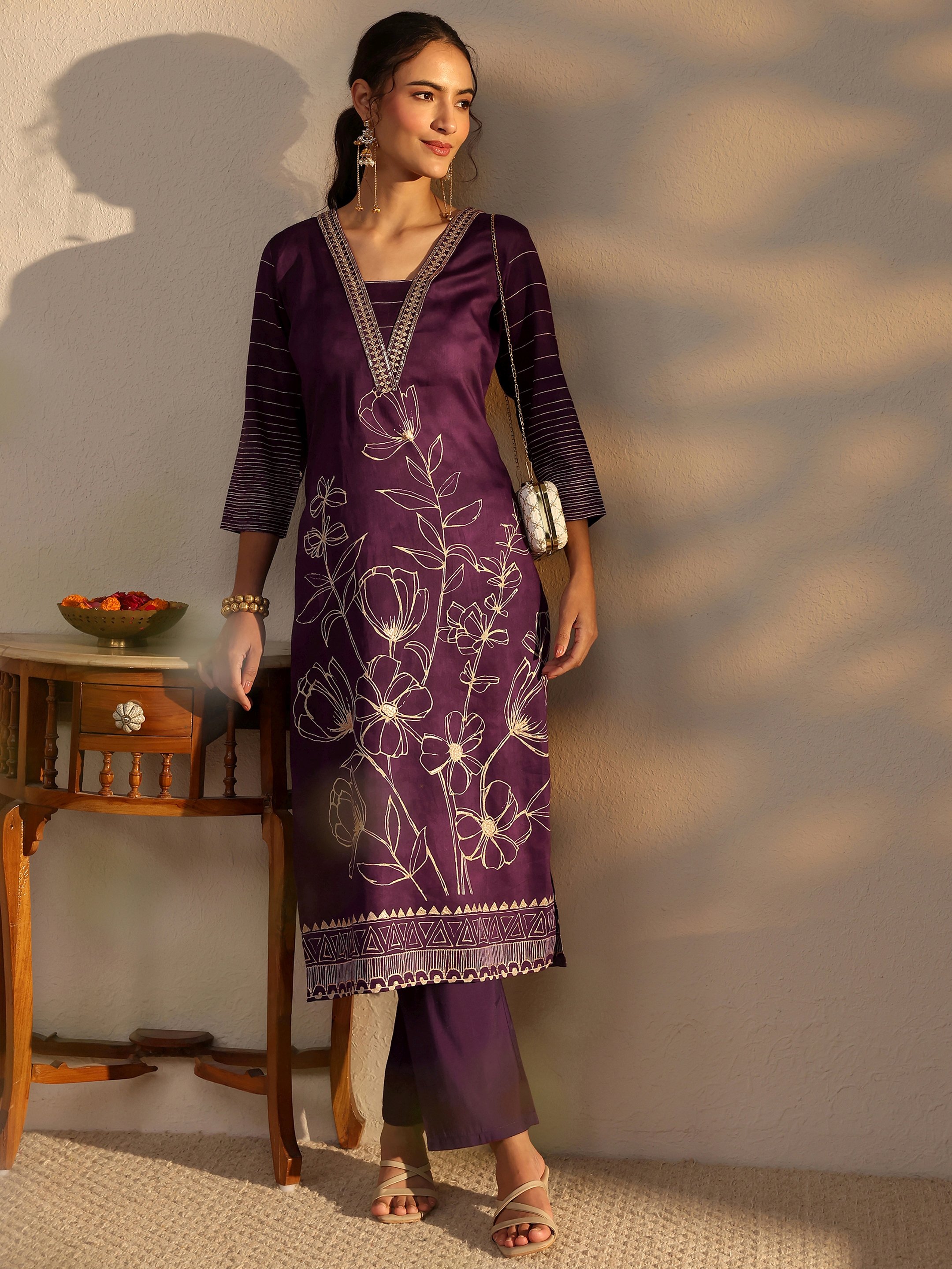 Purple Floral Cotton Straight-Fit Kurta