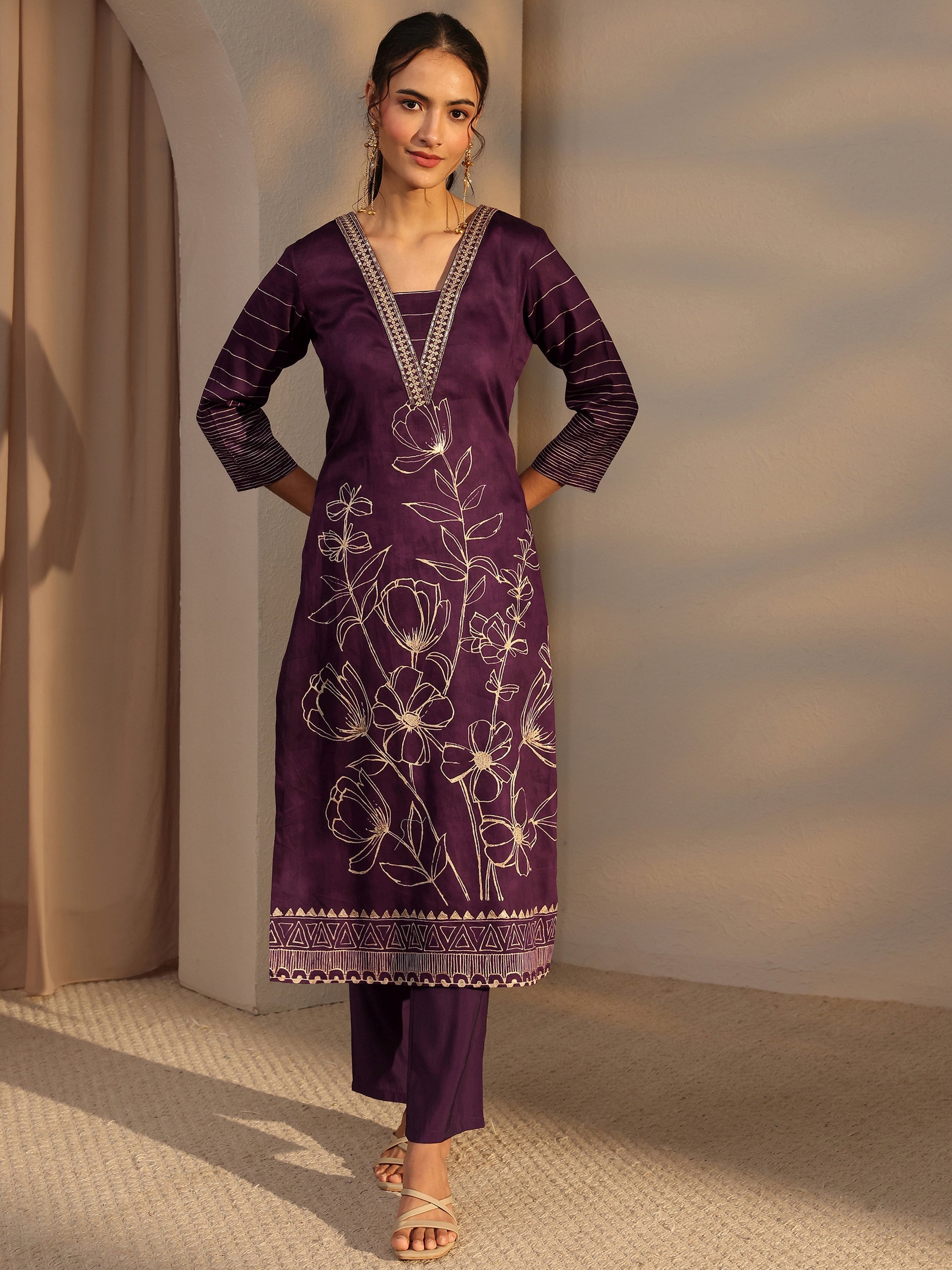 Purple Floral Cotton Straight-Fit Kurta