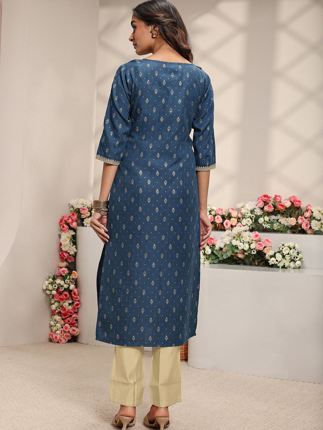 Blue Ethnic Motif Cotton Blend Straight-Fit Kurta