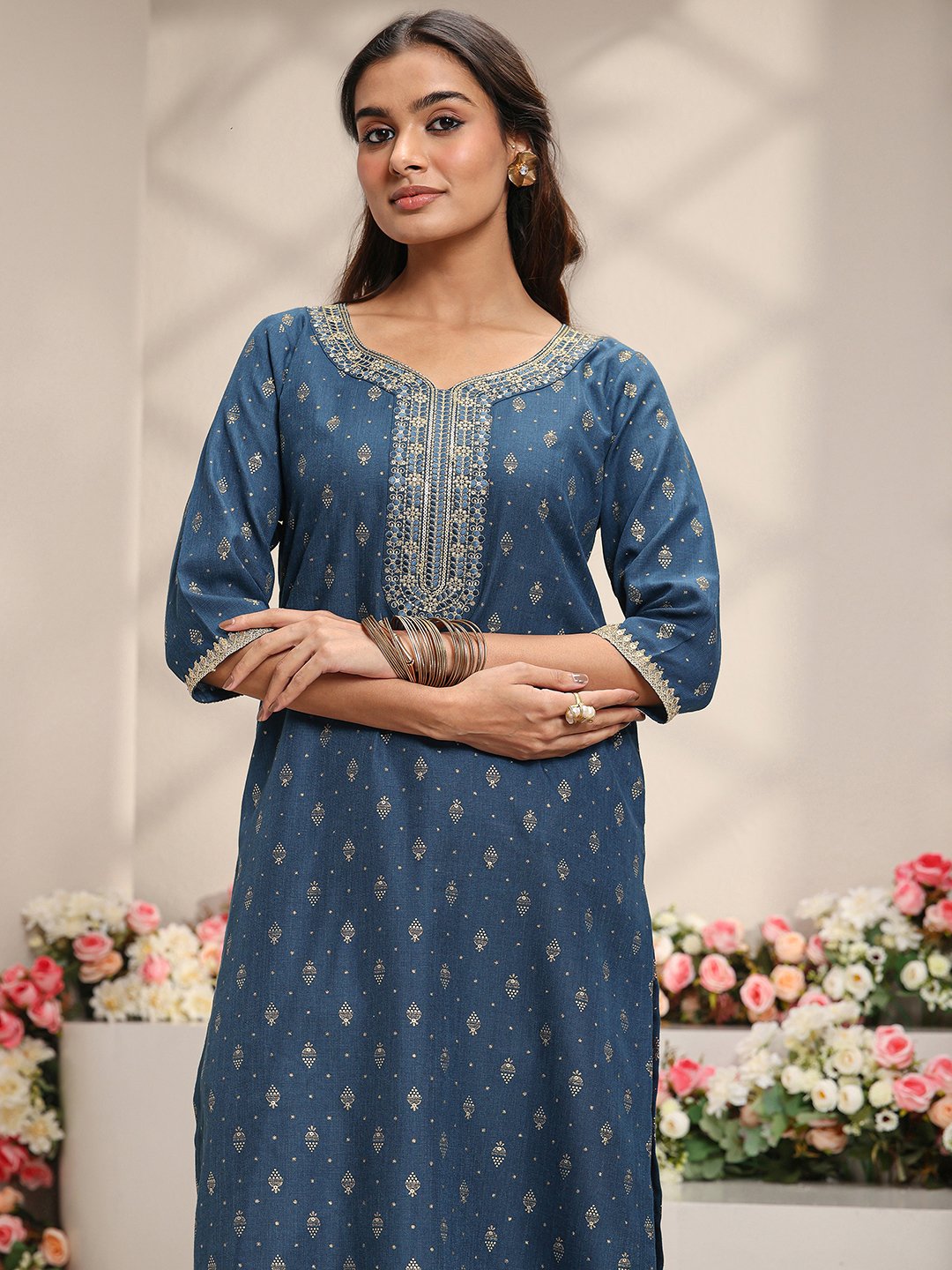 Blue Ethnic Motif Cotton Blend Straight-Fit Kurta