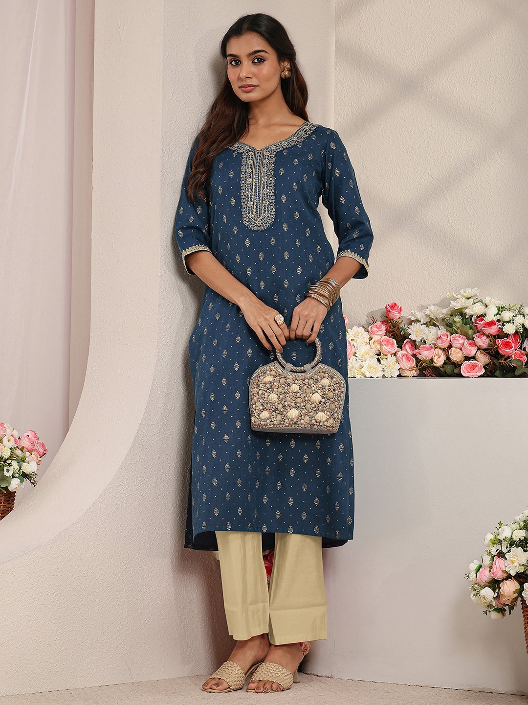 Blue Ethnic Motif Cotton Blend Straight-Fit Kurta