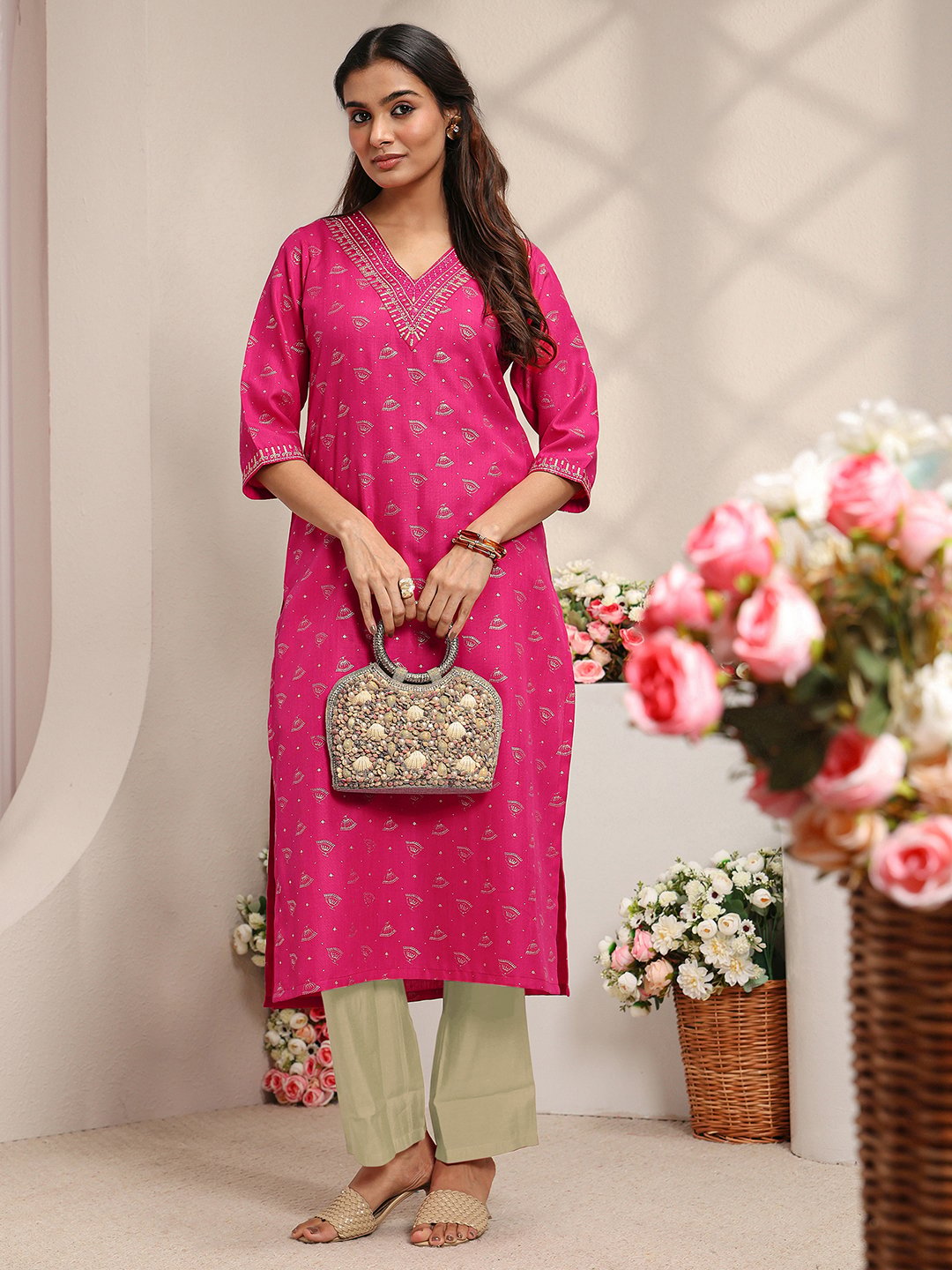 Pink Ethnic Motif Cotton Blend Straight-Fit Kurta