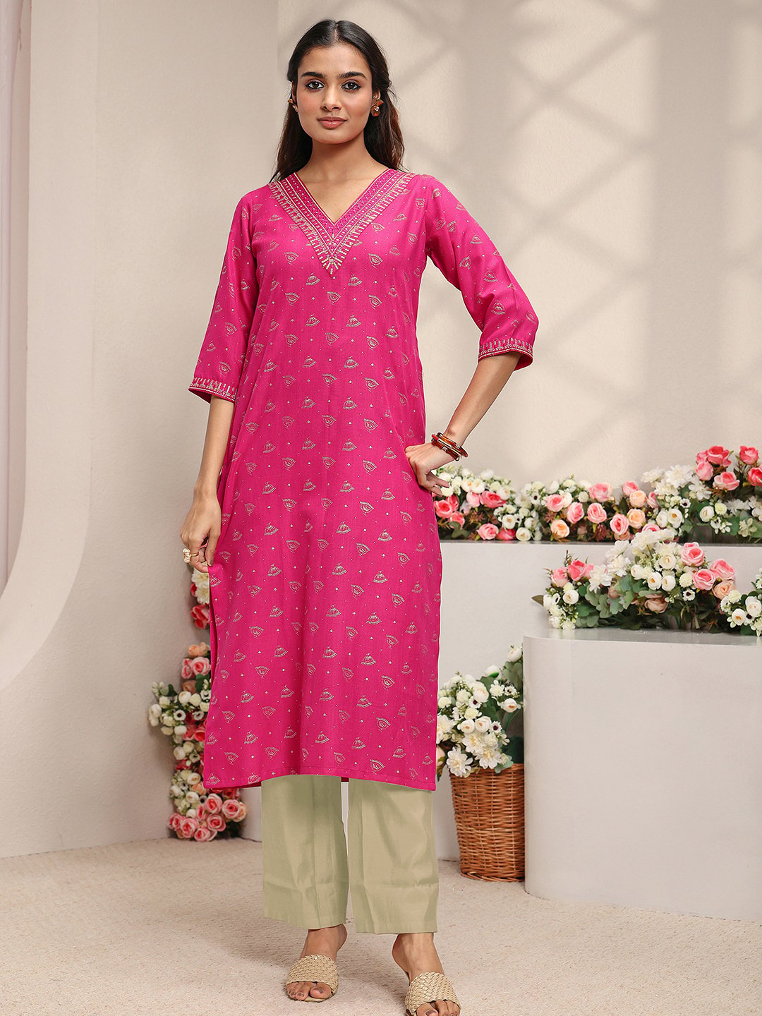 Pink Ethnic Motif Cotton Blend Straight-Fit Kurta