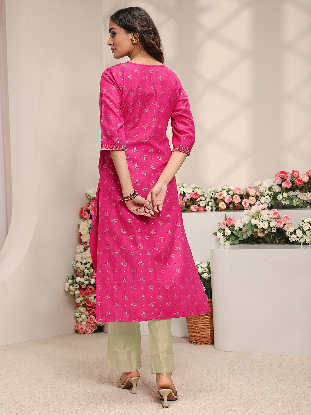 Pink Ethnic Motif Cotton Blend Straight-Fit Kurta