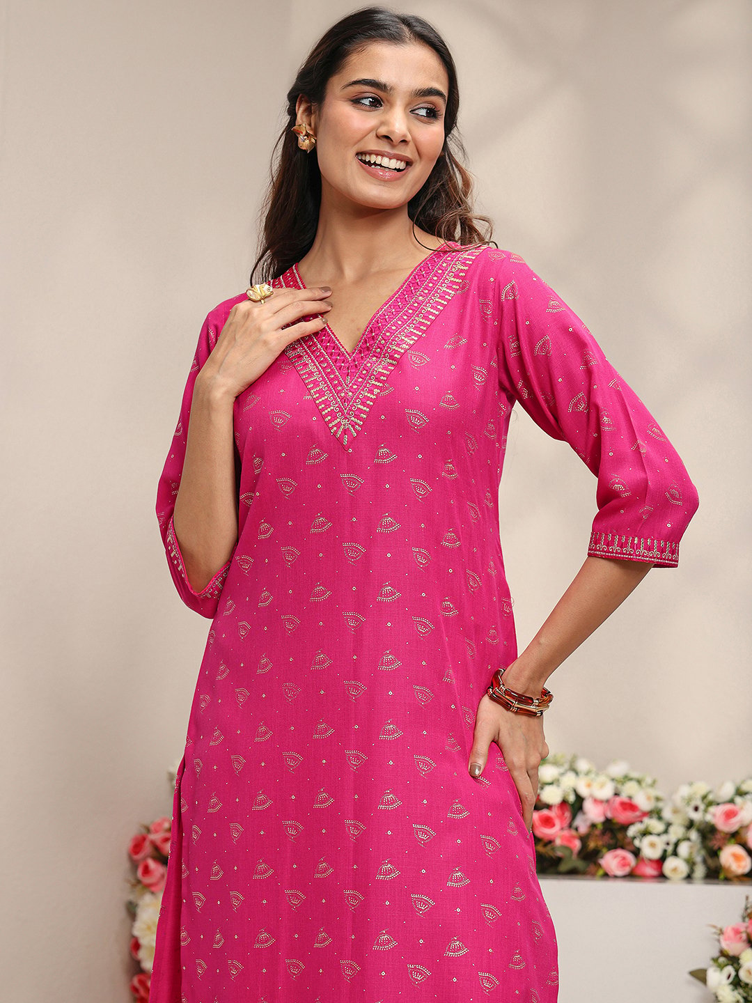 Pink Ethnic Motif Cotton Blend Straight-Fit Kurta
