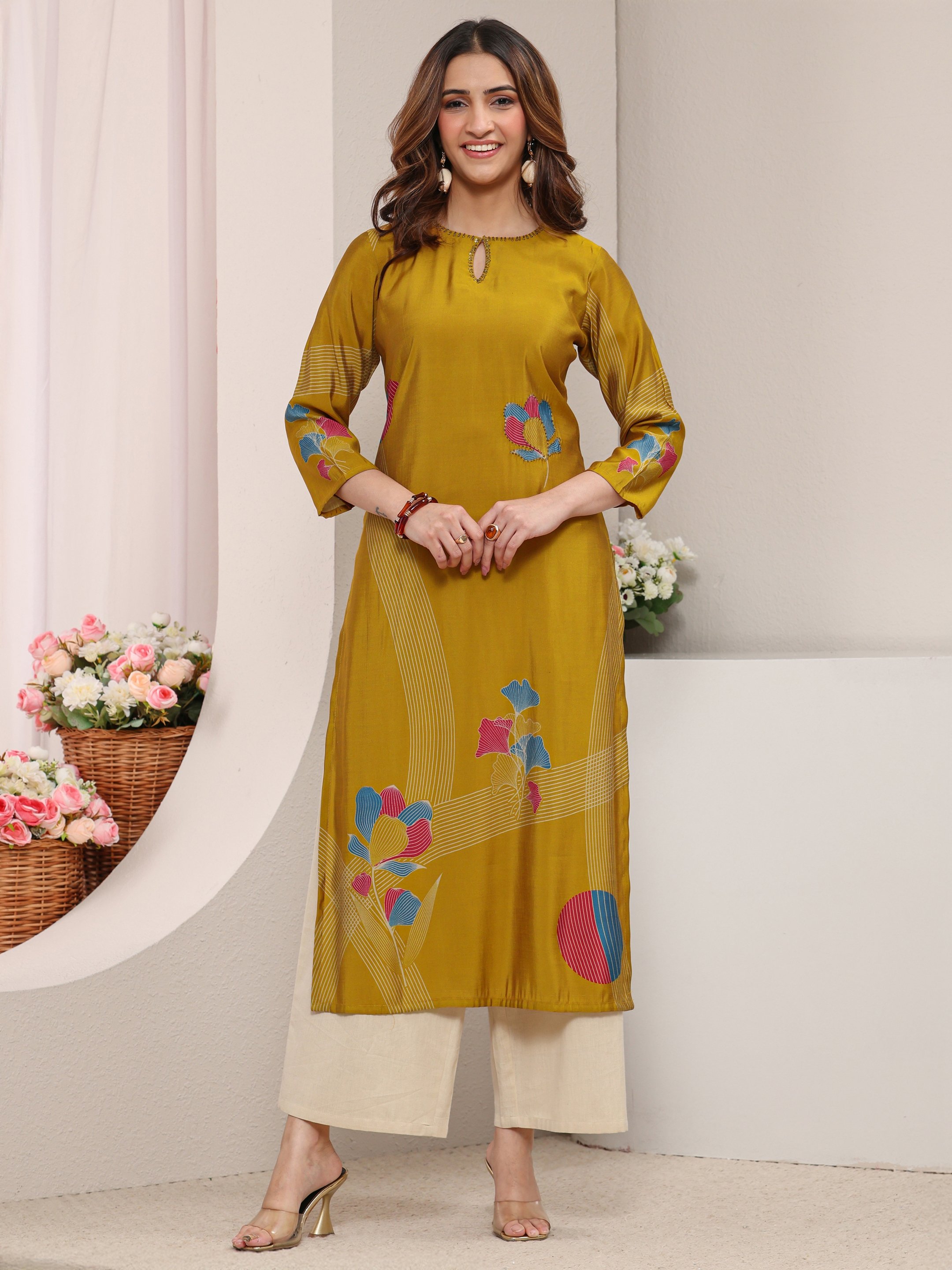 Mustard Floral Silk Blend Straight-Fit Kurta