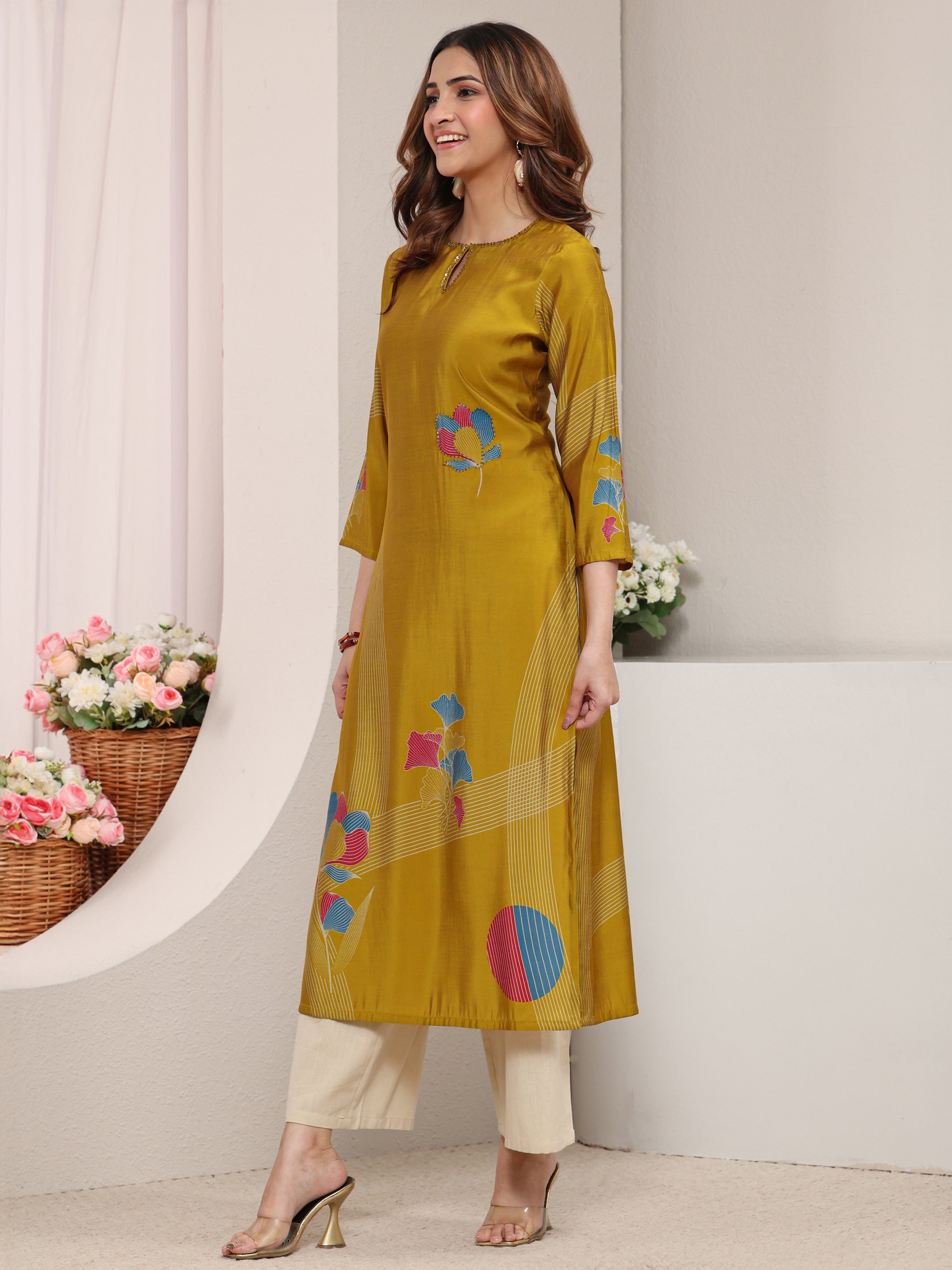 Mustard Floral Silk Blend Straight-Fit Kurta