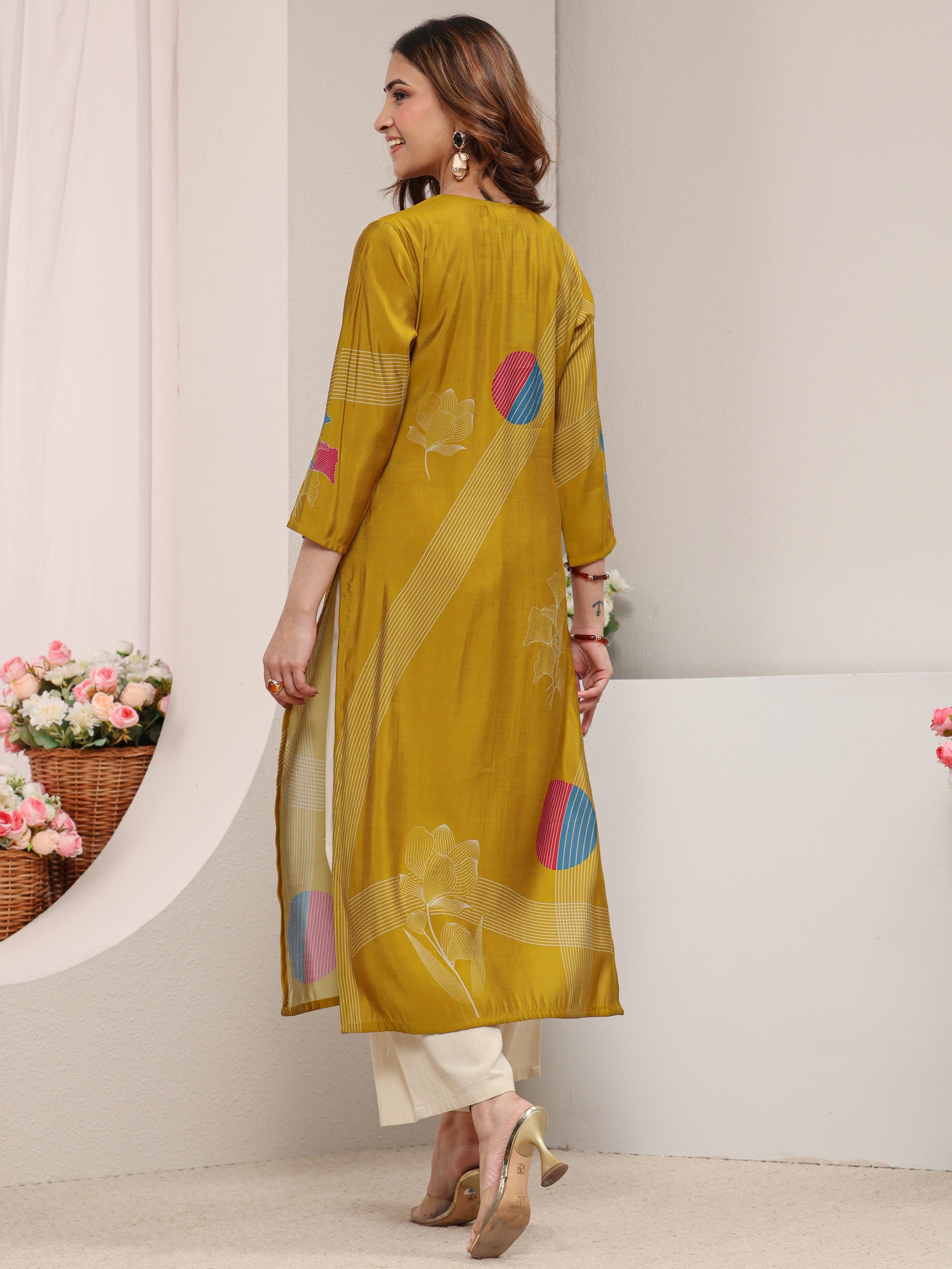 Mustard Floral Silk Blend Straight-Fit Kurta