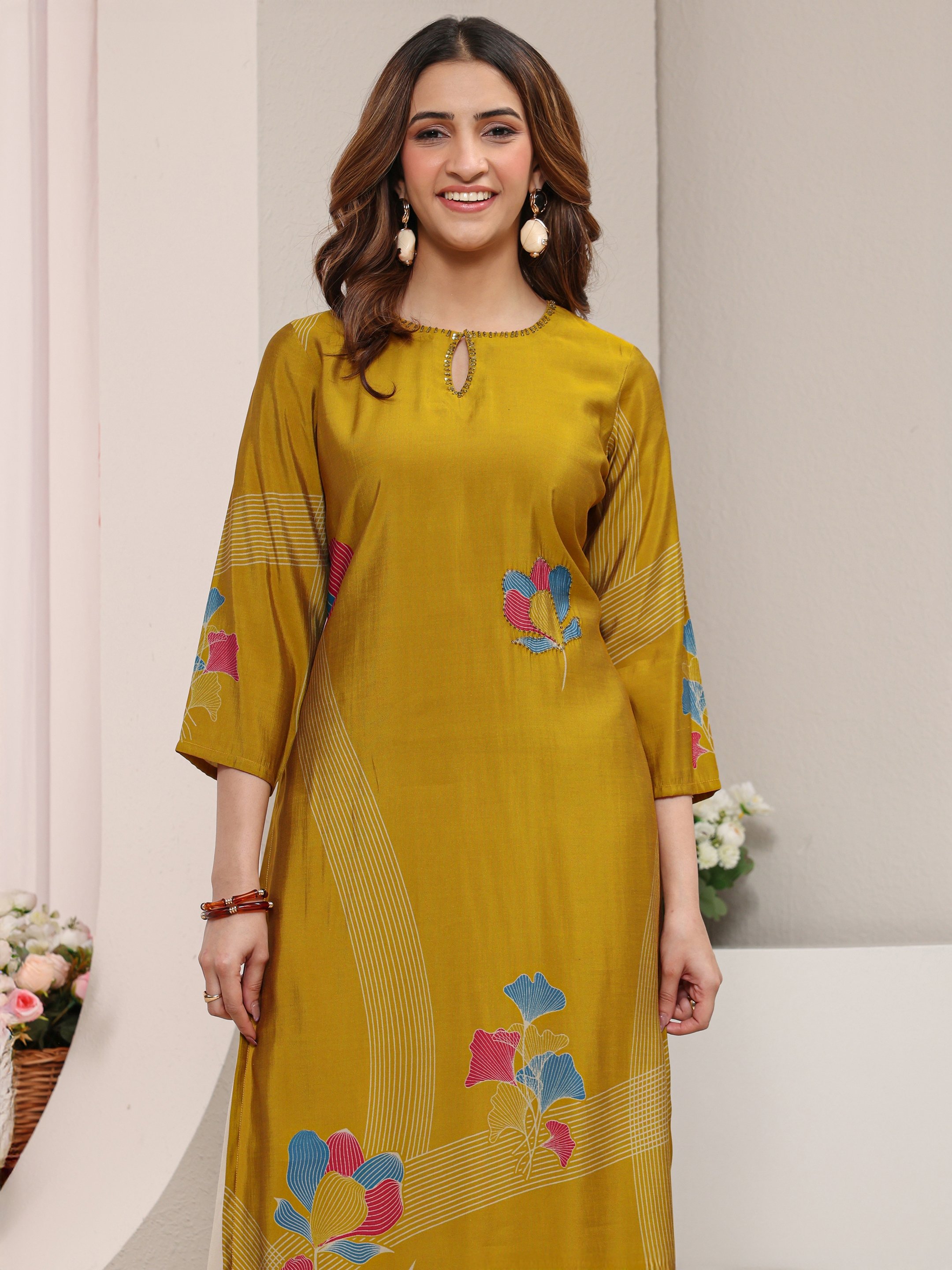 Mustard Floral Silk Blend Straight-Fit Kurta