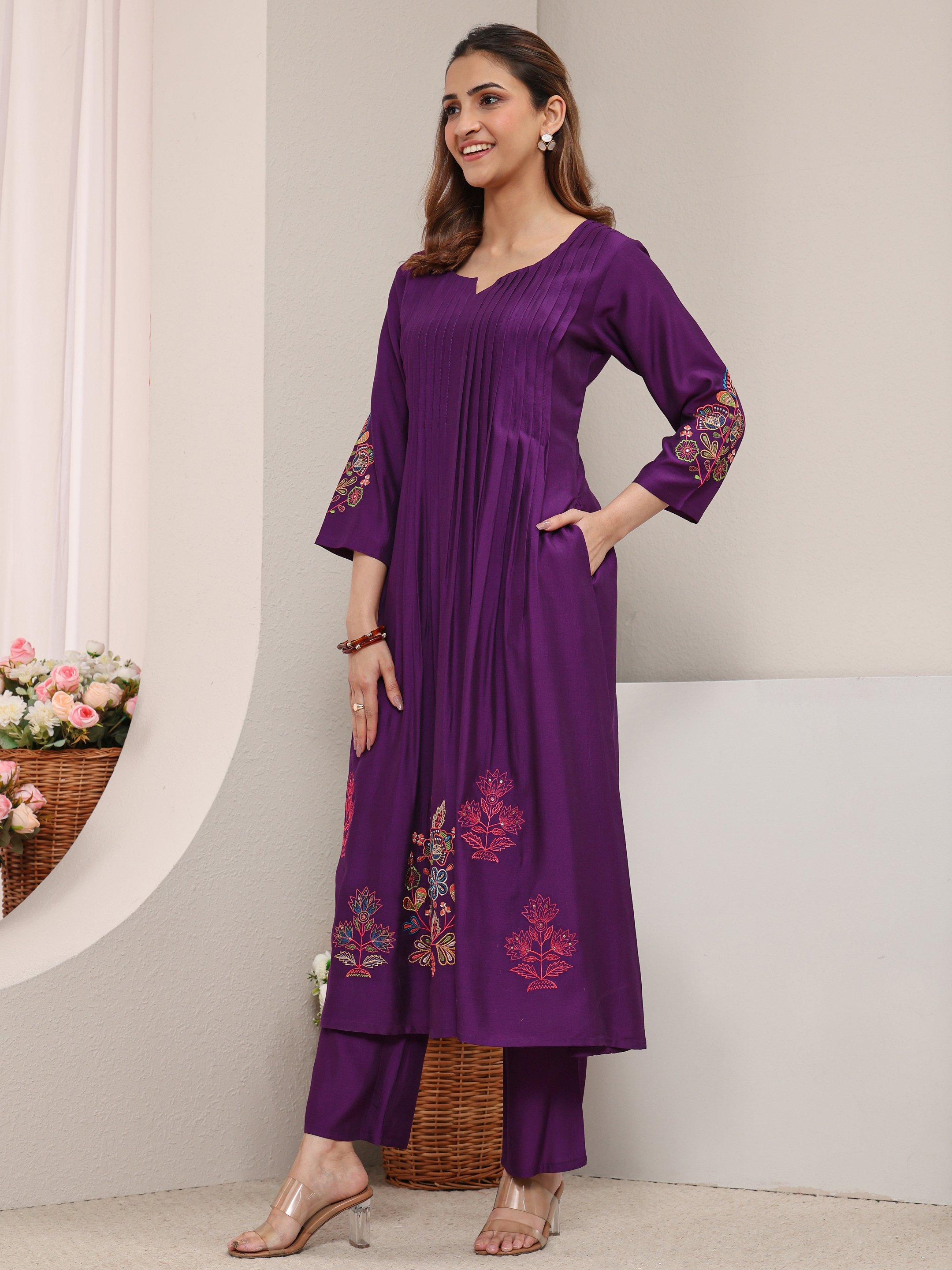 Purple Floral Silk Blend A-Line Kurta