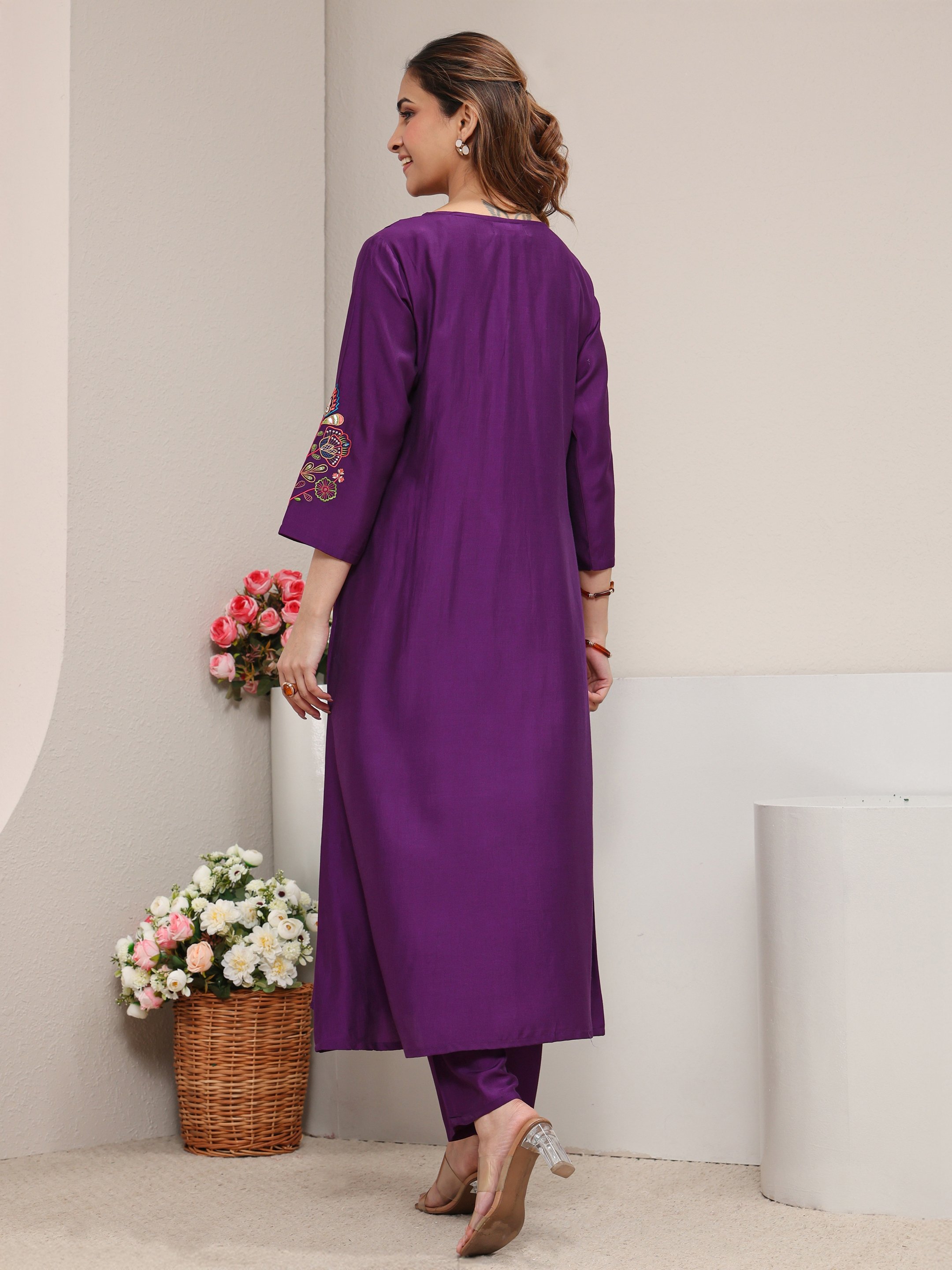 Purple Floral Silk Blend A-Line Kurta