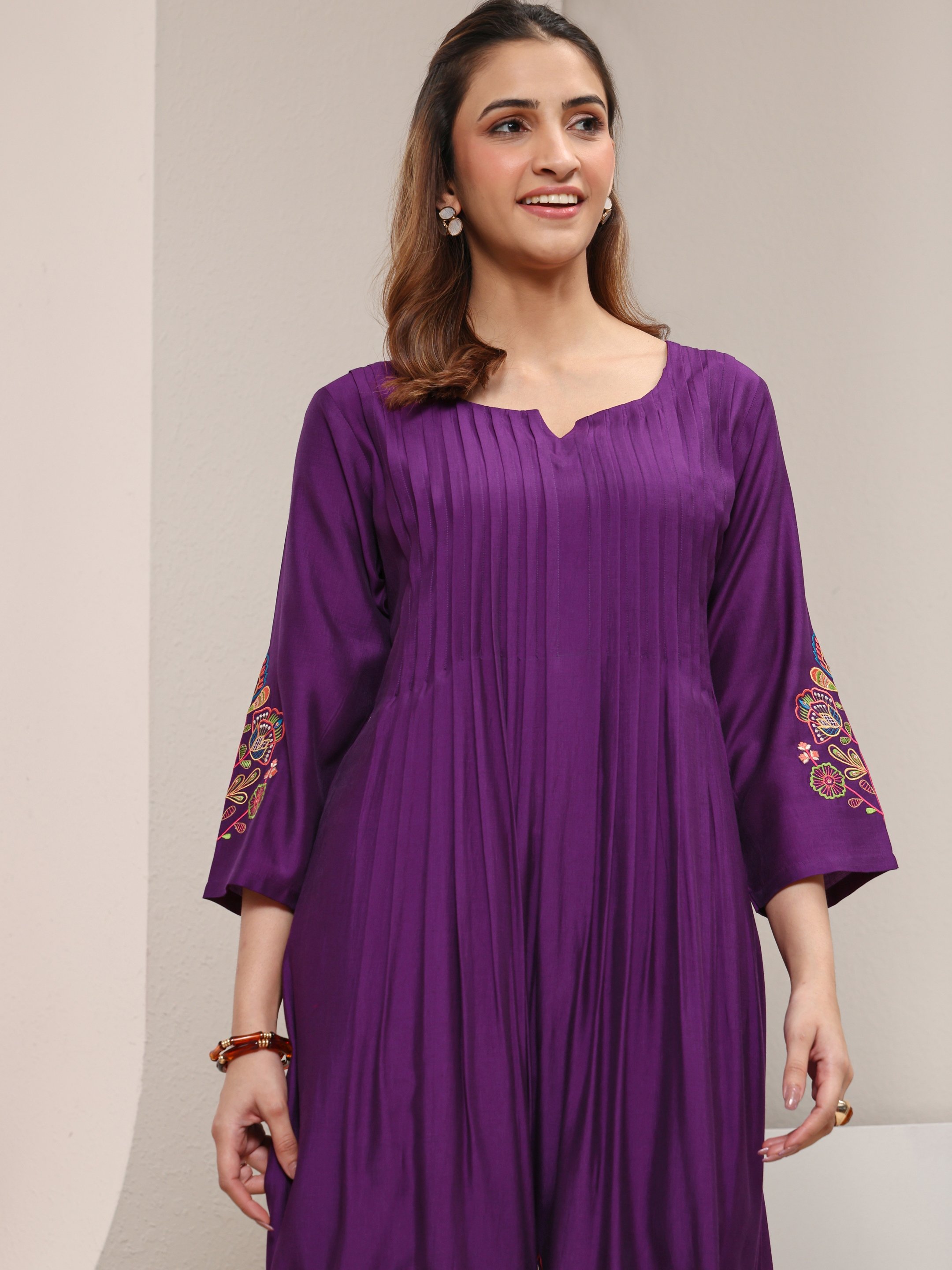 Purple Floral Silk Blend A-Line Kurta
