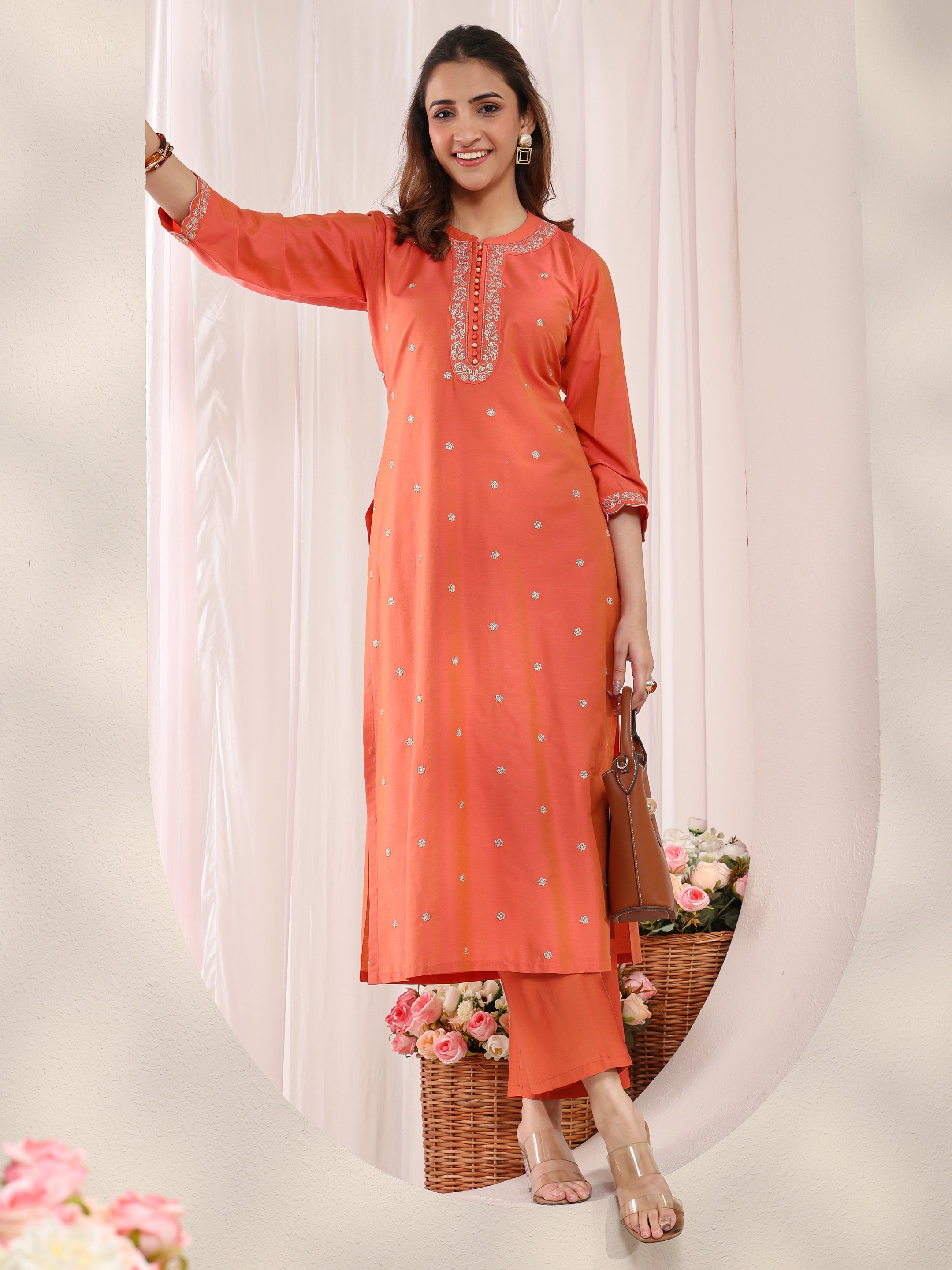 Orange Embellished Silk Blend Straight-Fit Kurta