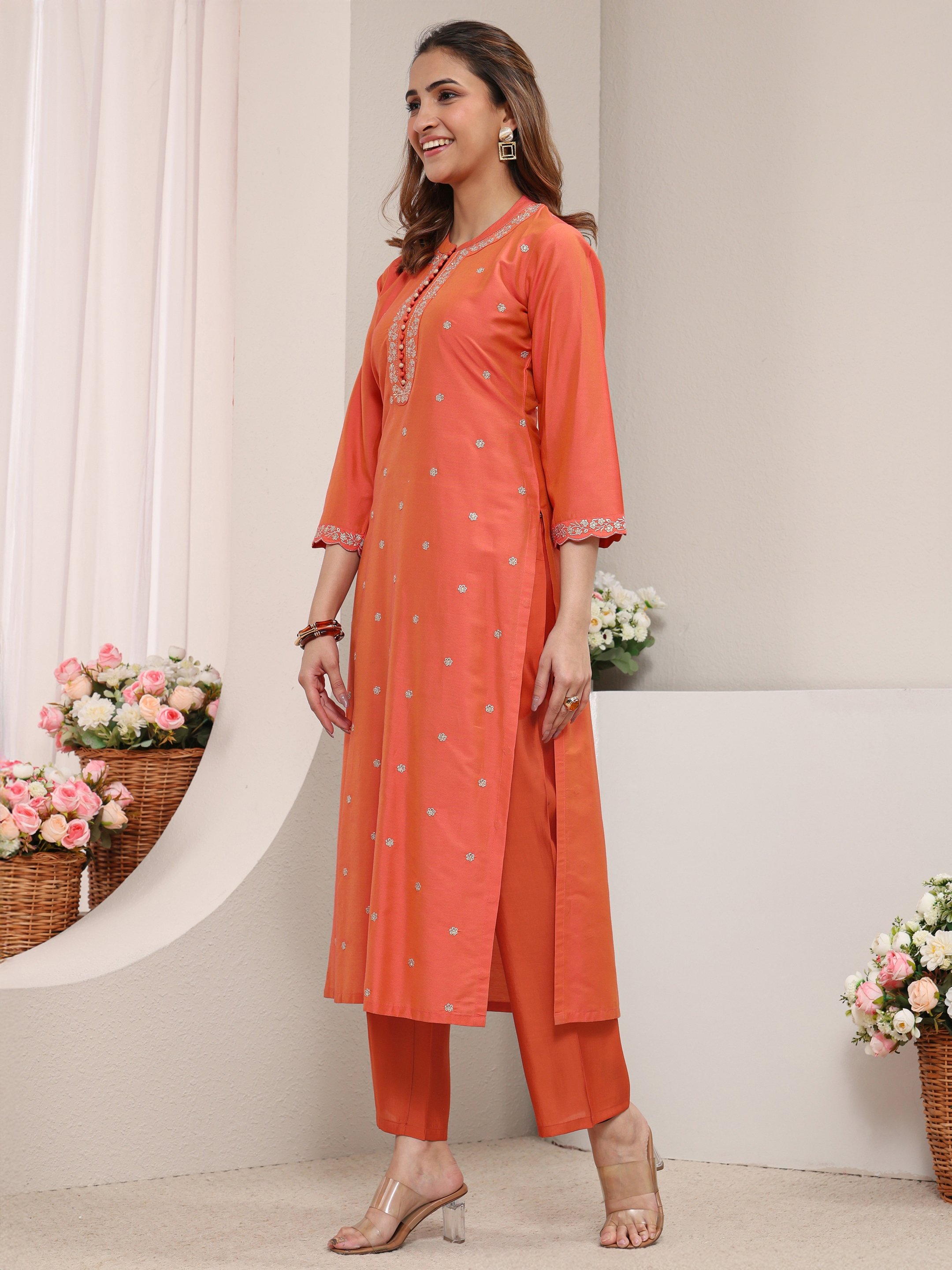 Orange Embellished Silk Blend Straight-Fit Kurta