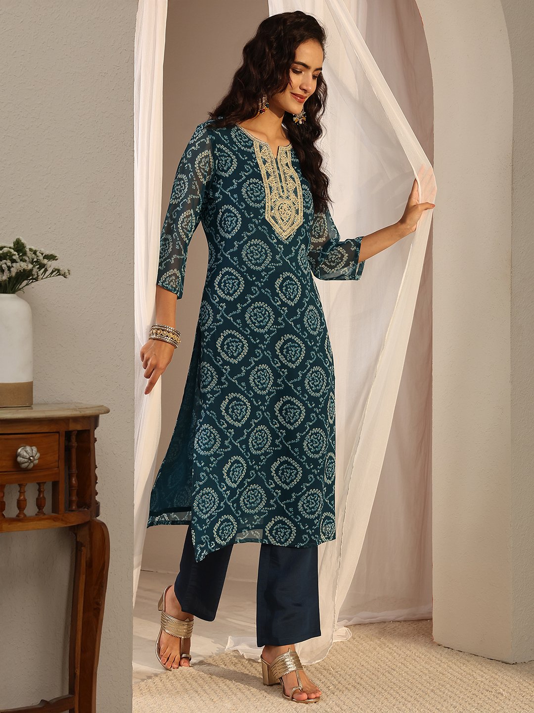 Blue Bandhani Inspired Print Chiffon Straight-Fit Kurta