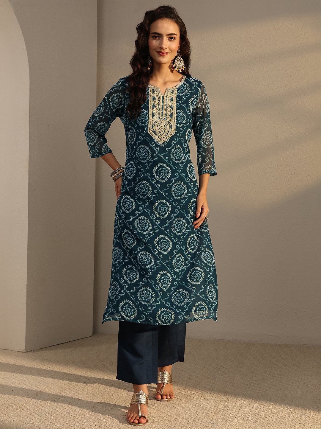 Blue Bandhani Inspired Print Chiffon Straight-Fit Kurta