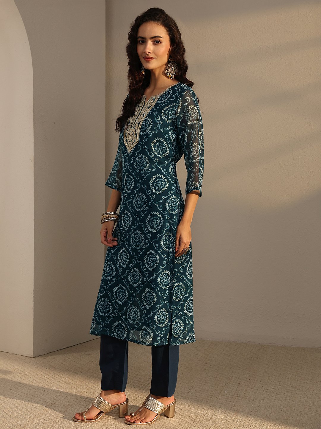 Blue Bandhani Inspired Print Chiffon Straight-Fit Kurta