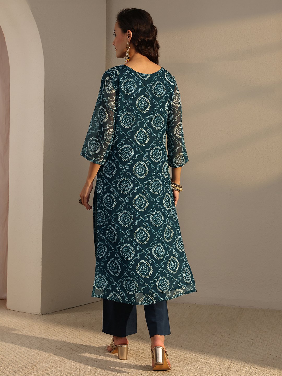 Blue Bandhani Inspired Print Chiffon Straight-Fit Kurta