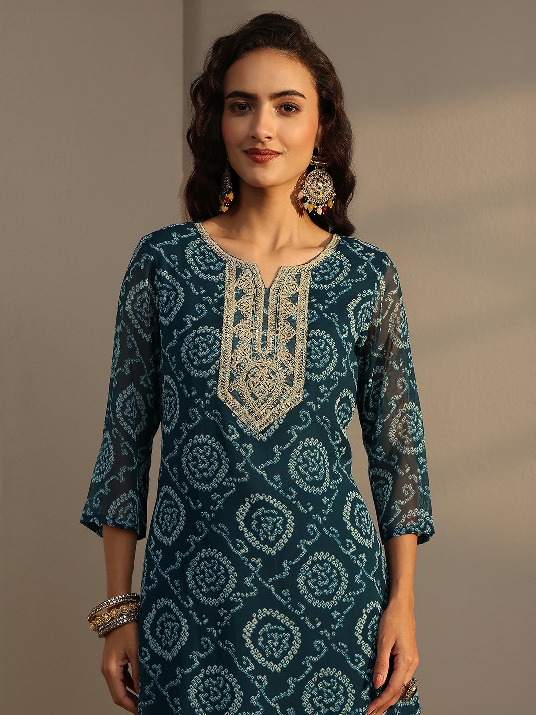 Blue Bandhani Inspired Print Chiffon Straight-Fit Kurta