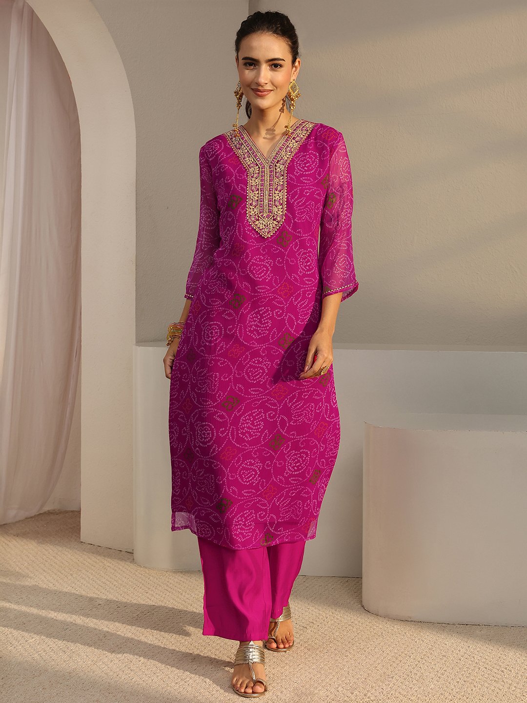 Pink Bandhani Inspired Print Chiffon Straight-Fit Kurta