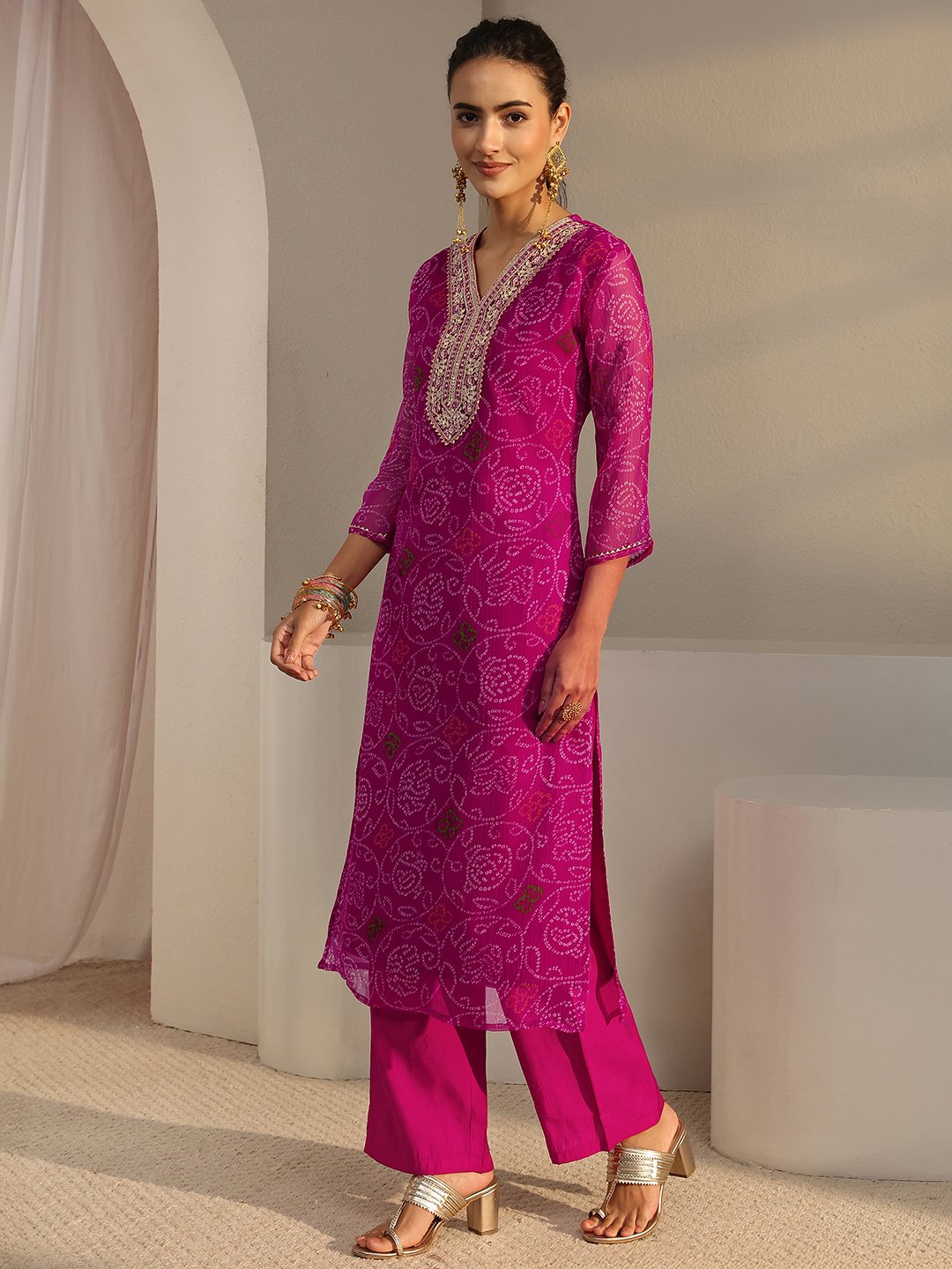 Pink Bandhani Inspired Print Chiffon Straight-Fit Kurta