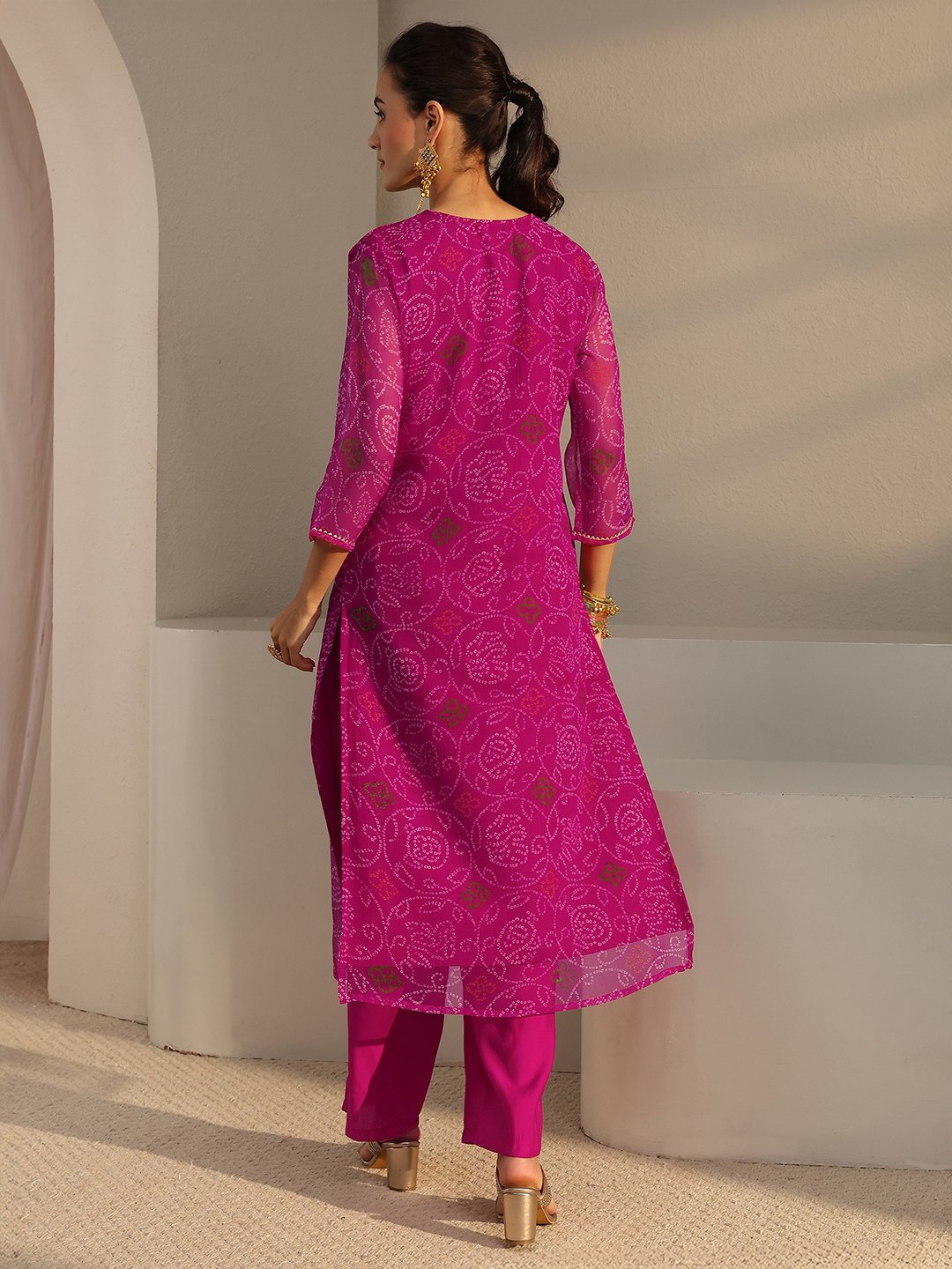 Pink Bandhani Inspired Print Chiffon Straight-Fit Kurta