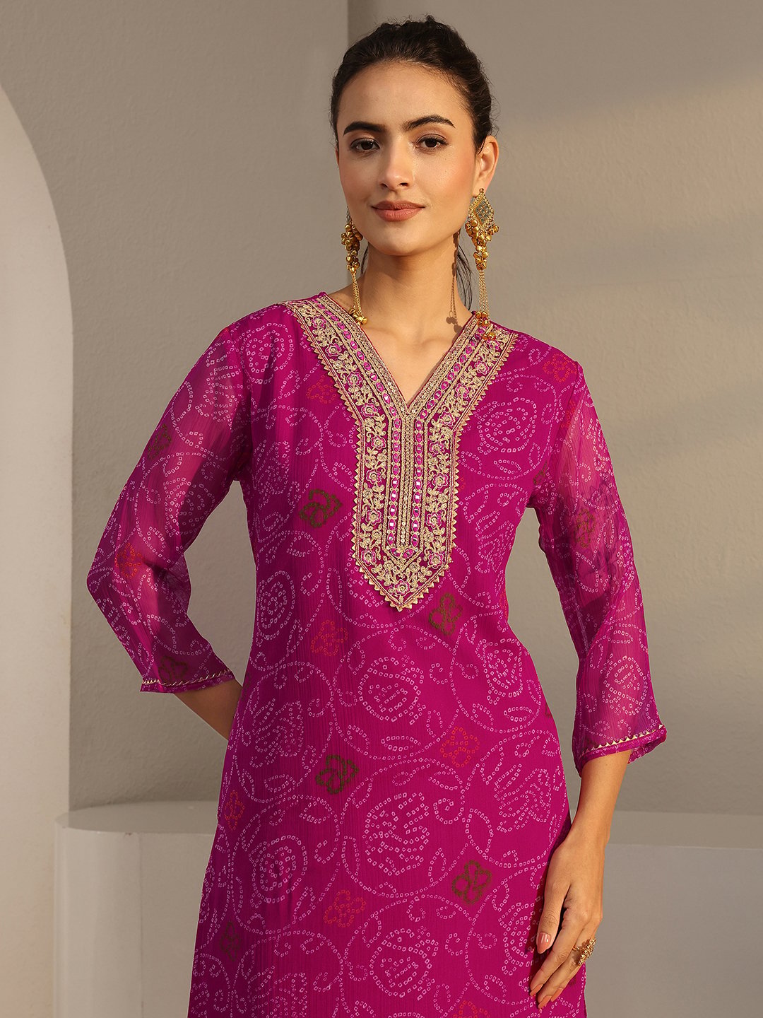Pink Bandhani Inspired Print Chiffon Straight-Fit Kurta
