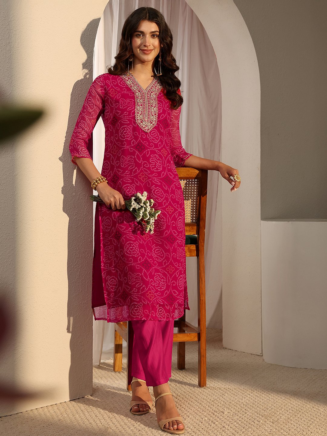 Pink Bandhani Inspired Print Chiffon Straight-Fit Kurta