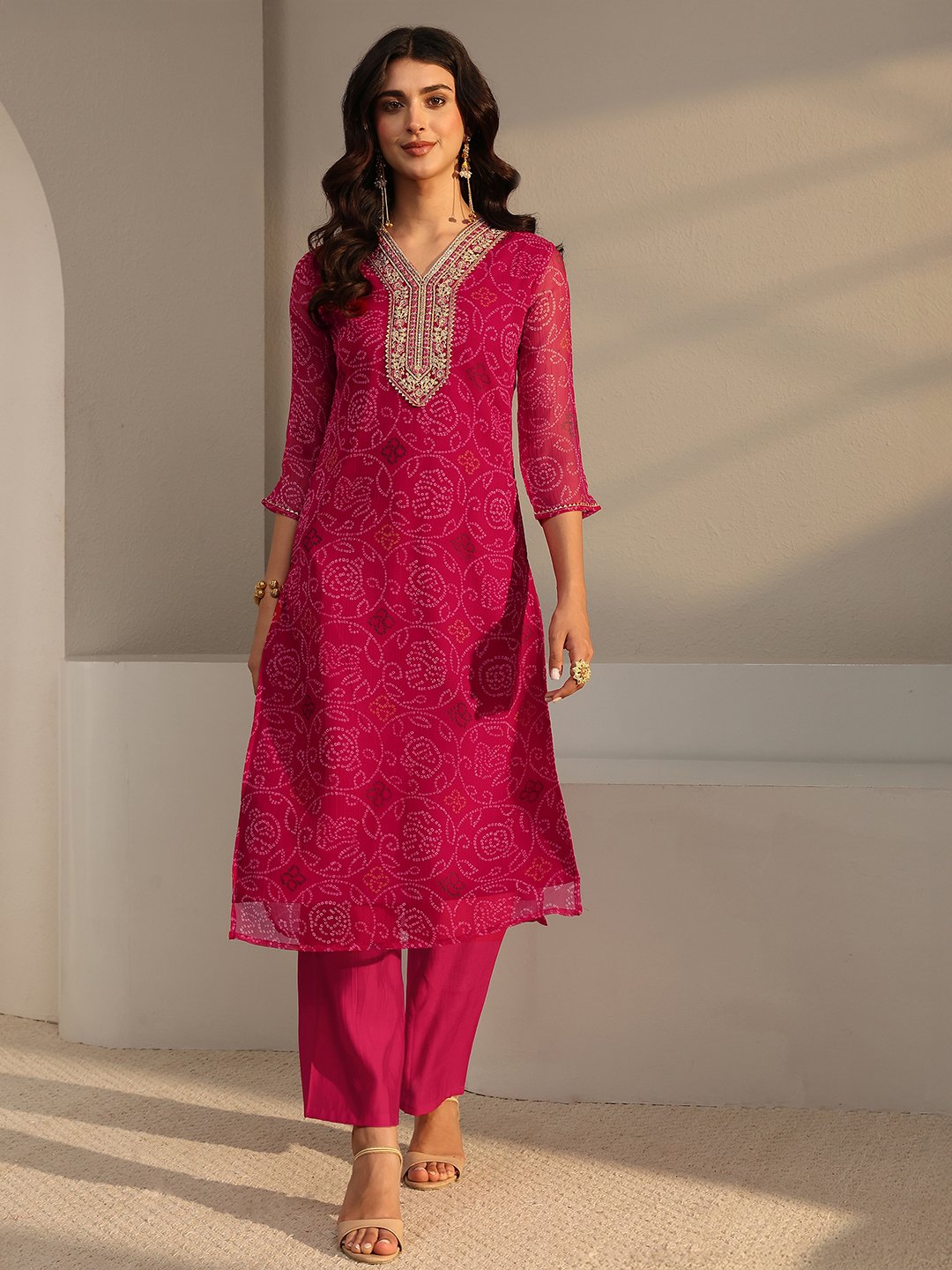Pink Bandhani Inspired Print Chiffon Straight-Fit Kurta