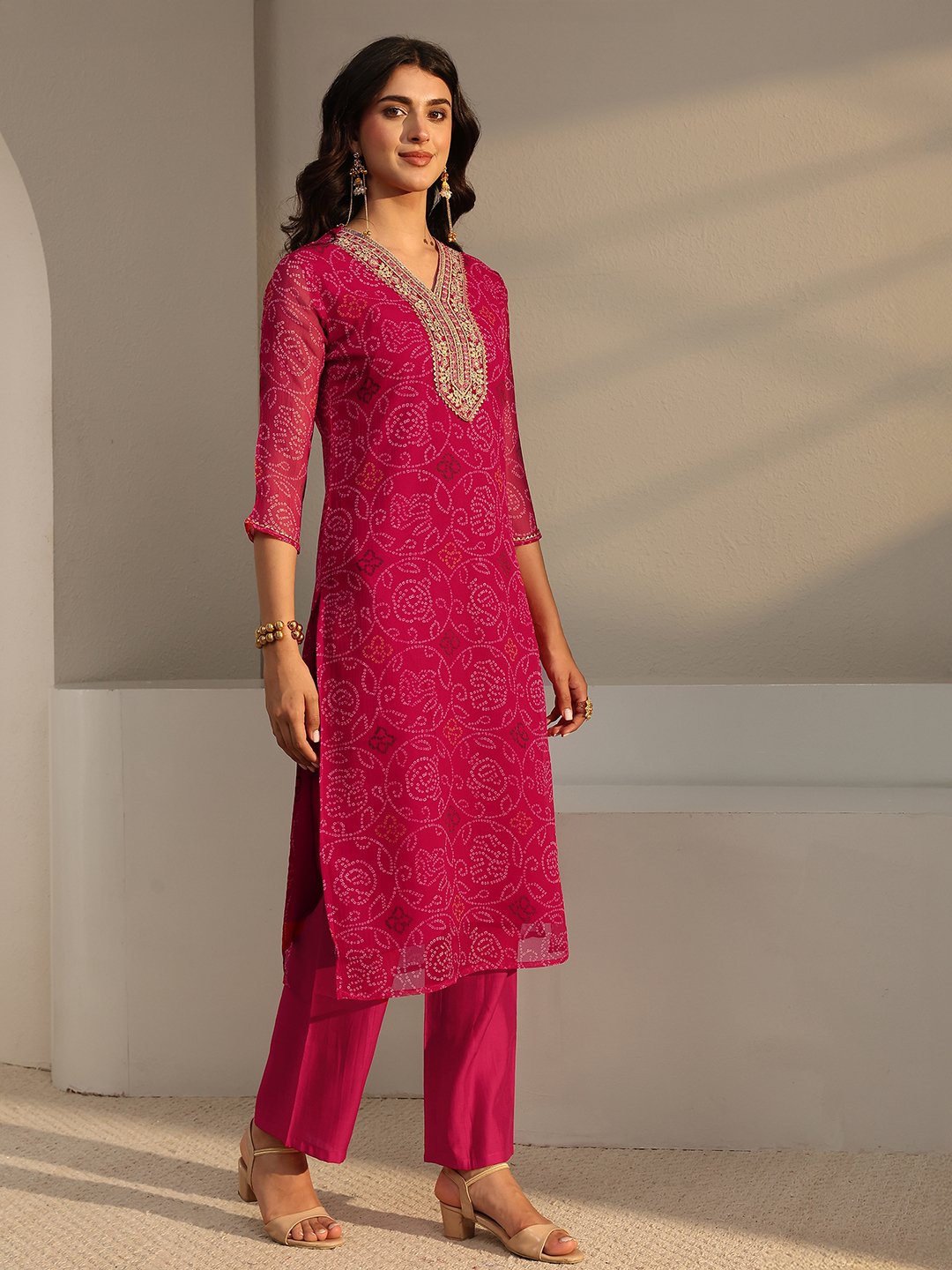 Pink Bandhani Inspired Print Chiffon Straight-Fit Kurta