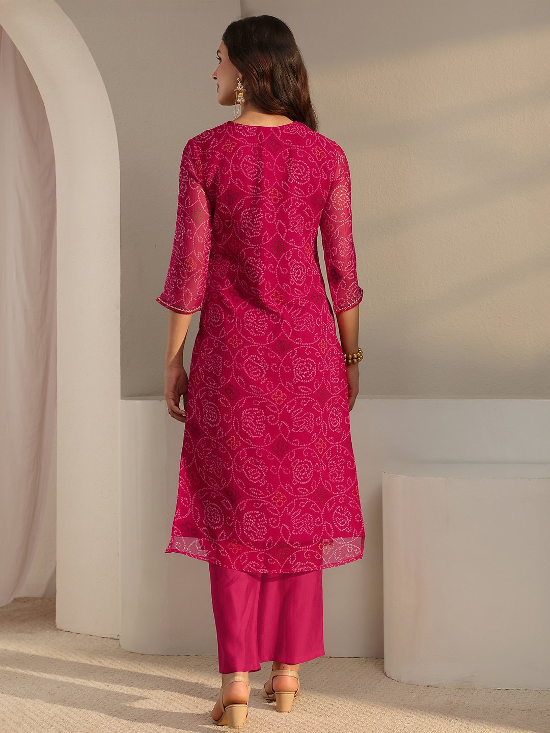 Pink Bandhani Inspired Print Chiffon Straight-Fit Kurta