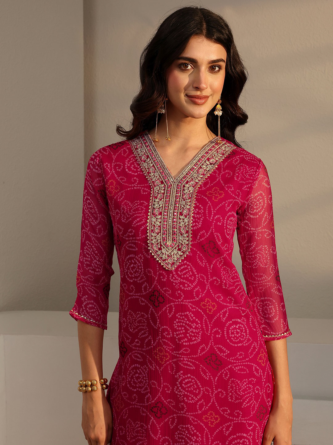 Pink Bandhani Inspired Print Chiffon Straight-Fit Kurta
