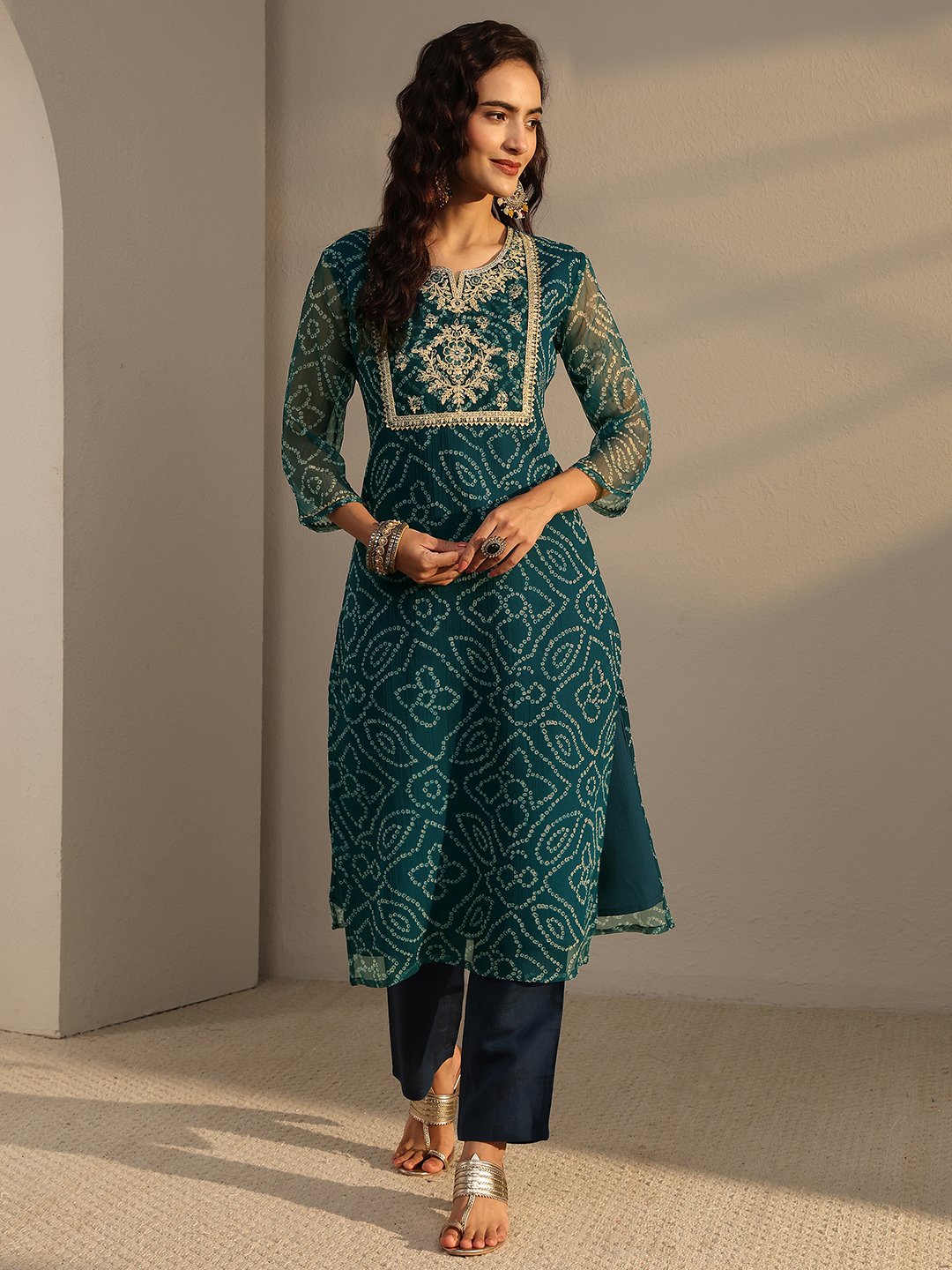 Blue Bandhani Inspired Print Chiffon Straight-Fit Kurta