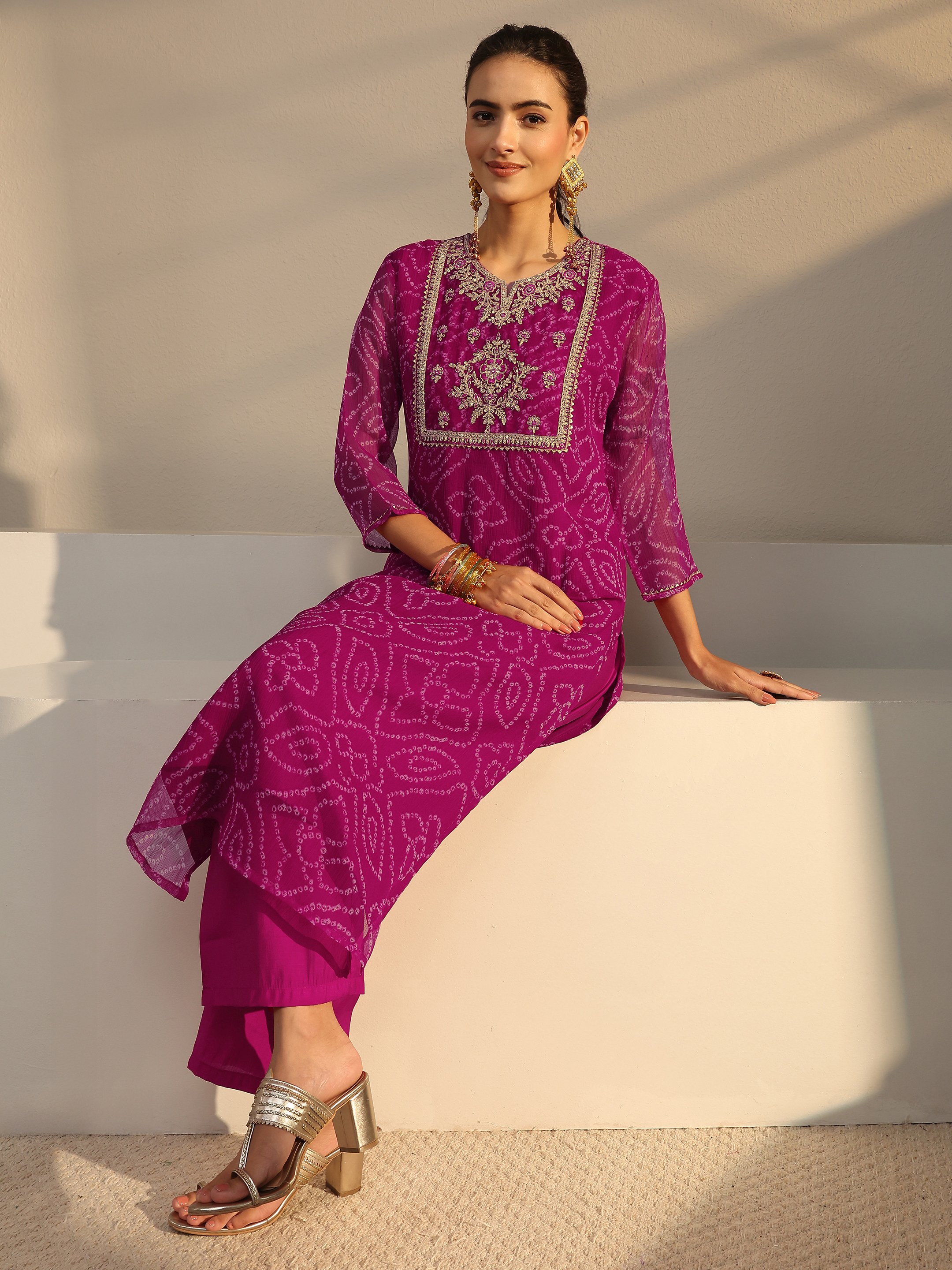 Pink Bandhani Inspired Print Chiffon Straight-Fit Kurta