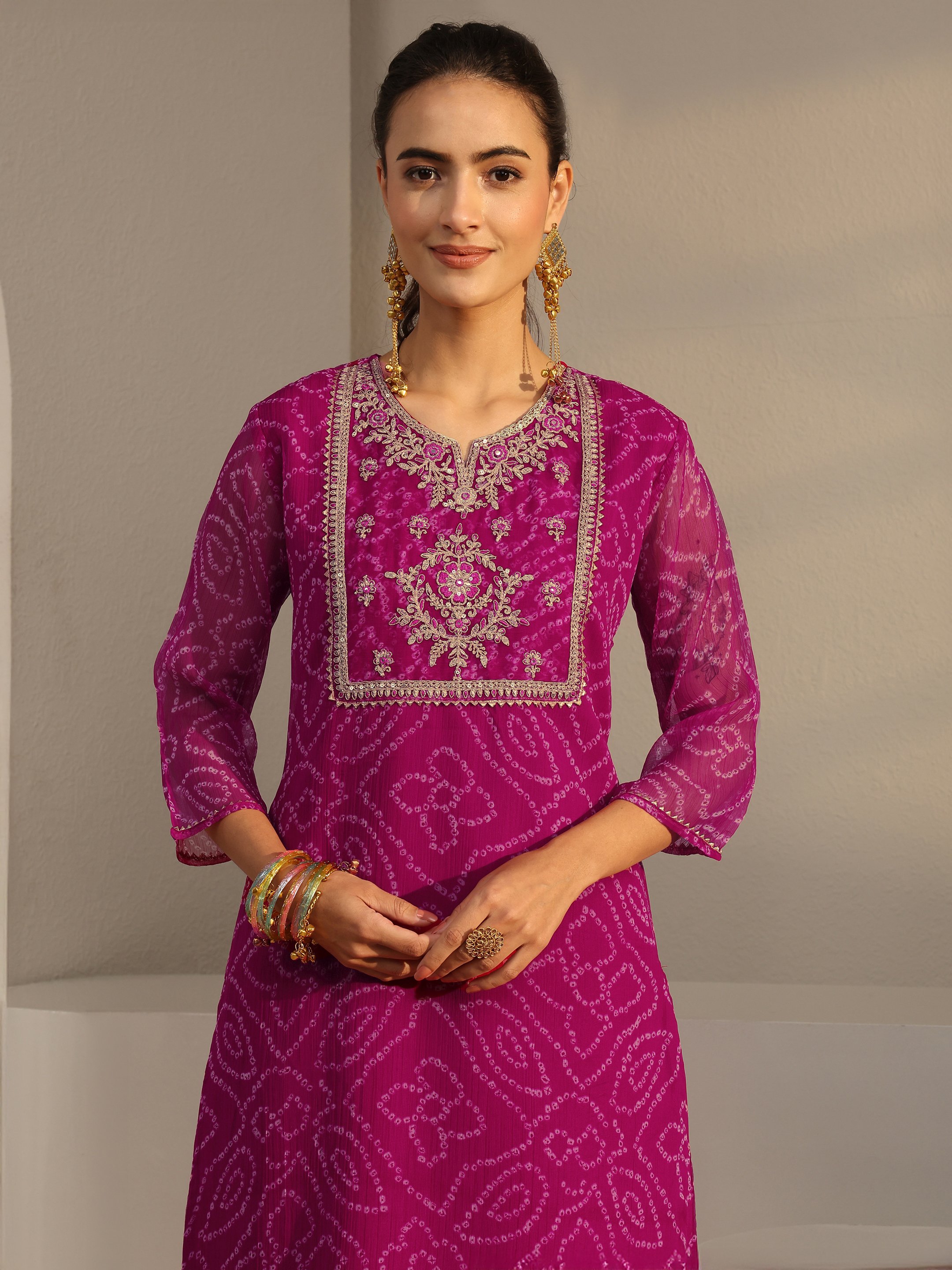 Pink Bandhani Inspired Print Chiffon Straight-Fit Kurta