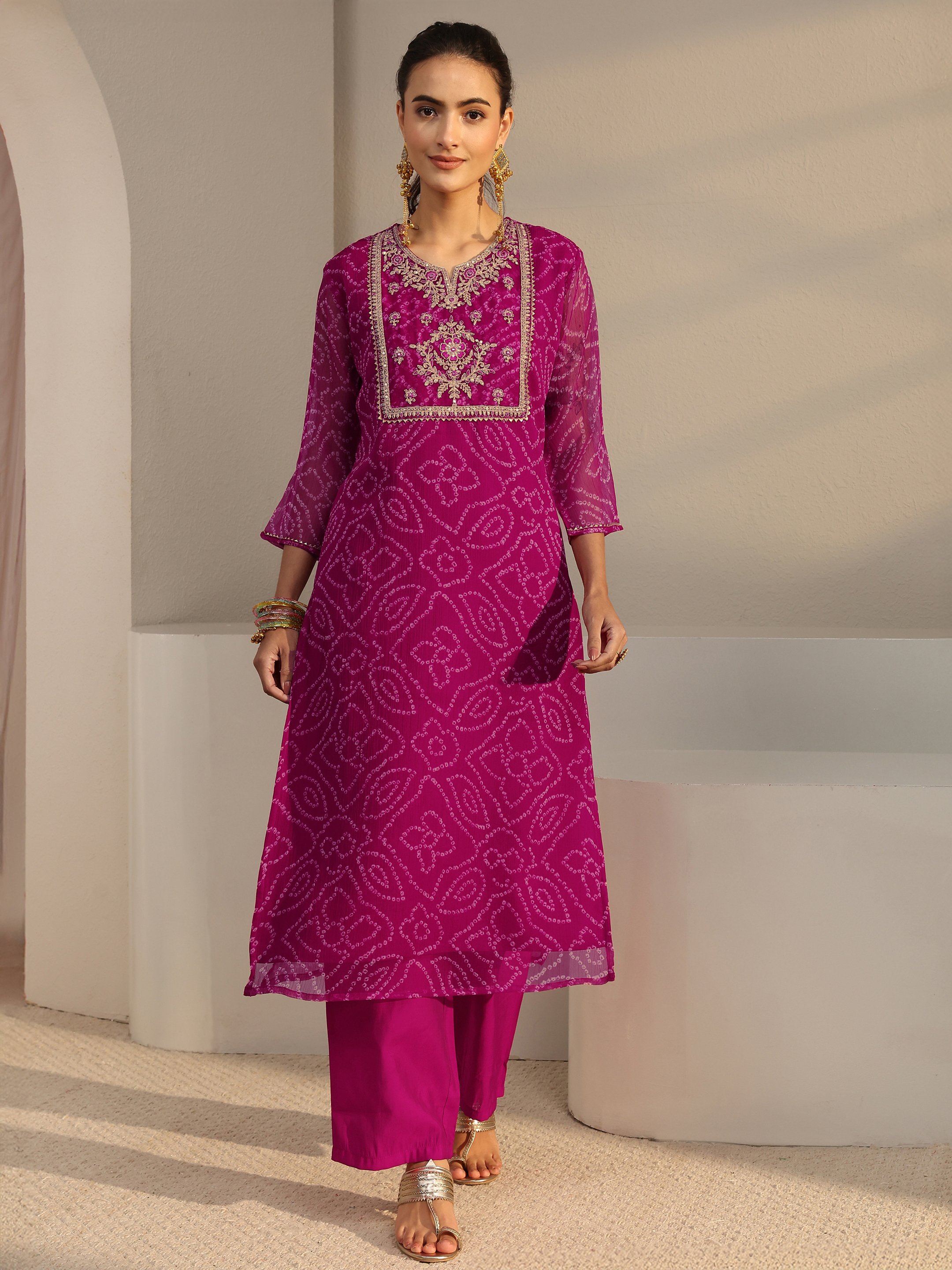 Pink Bandhani Inspired Print Chiffon Straight-Fit Kurta