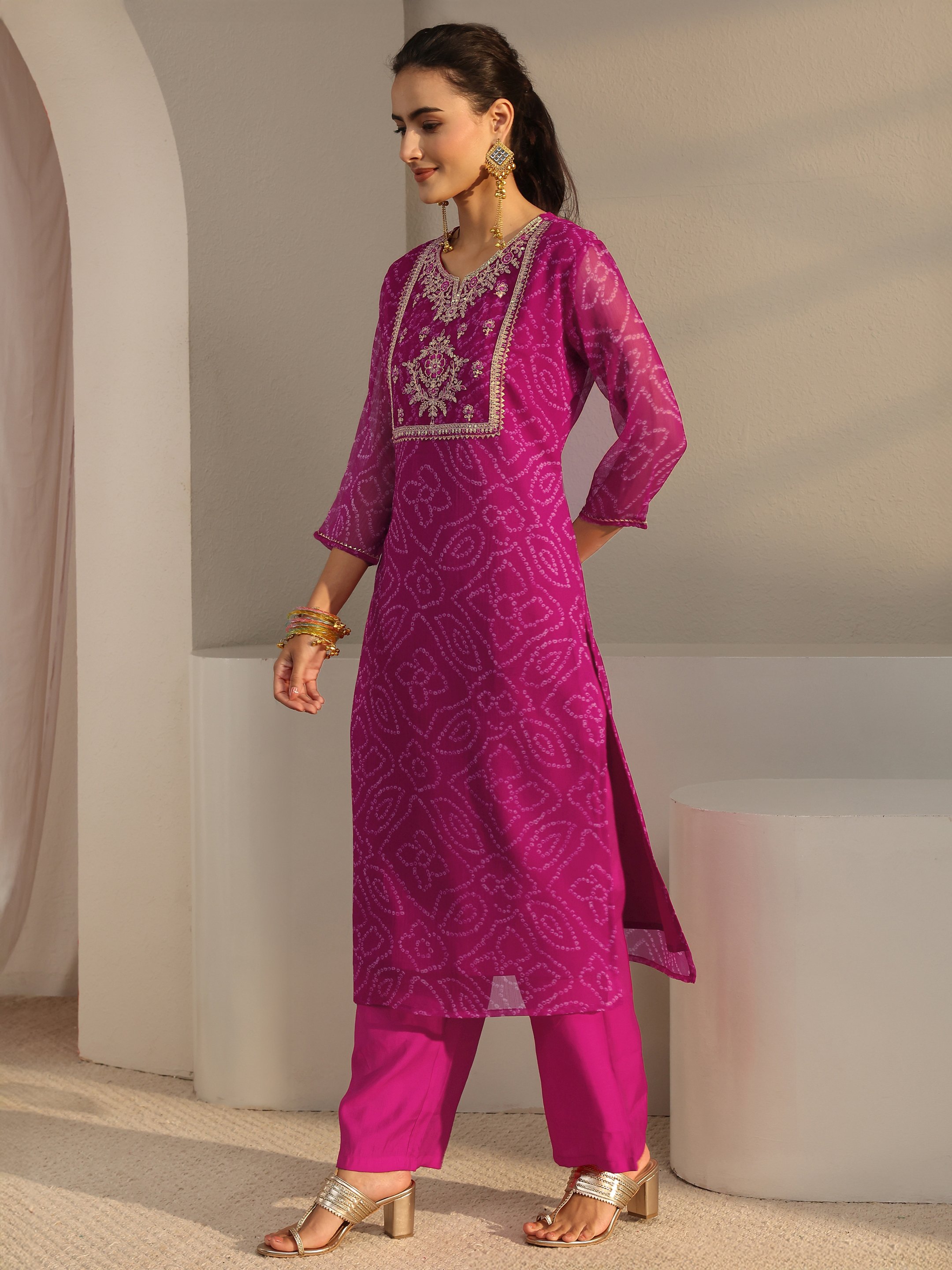 Pink Bandhani Inspired Print Chiffon Straight-Fit Kurta