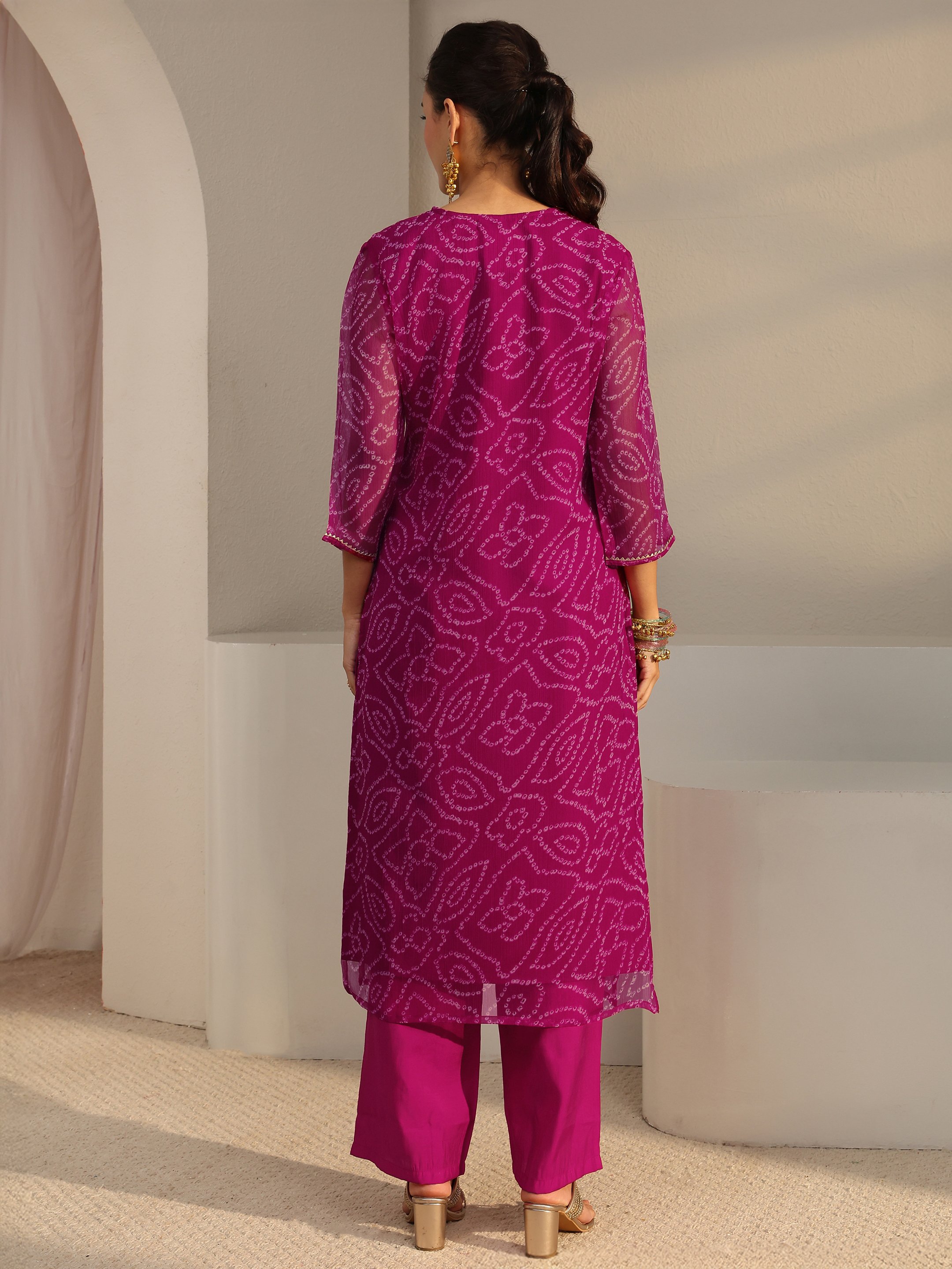 Pink Bandhani Inspired Print Chiffon Straight-Fit Kurta