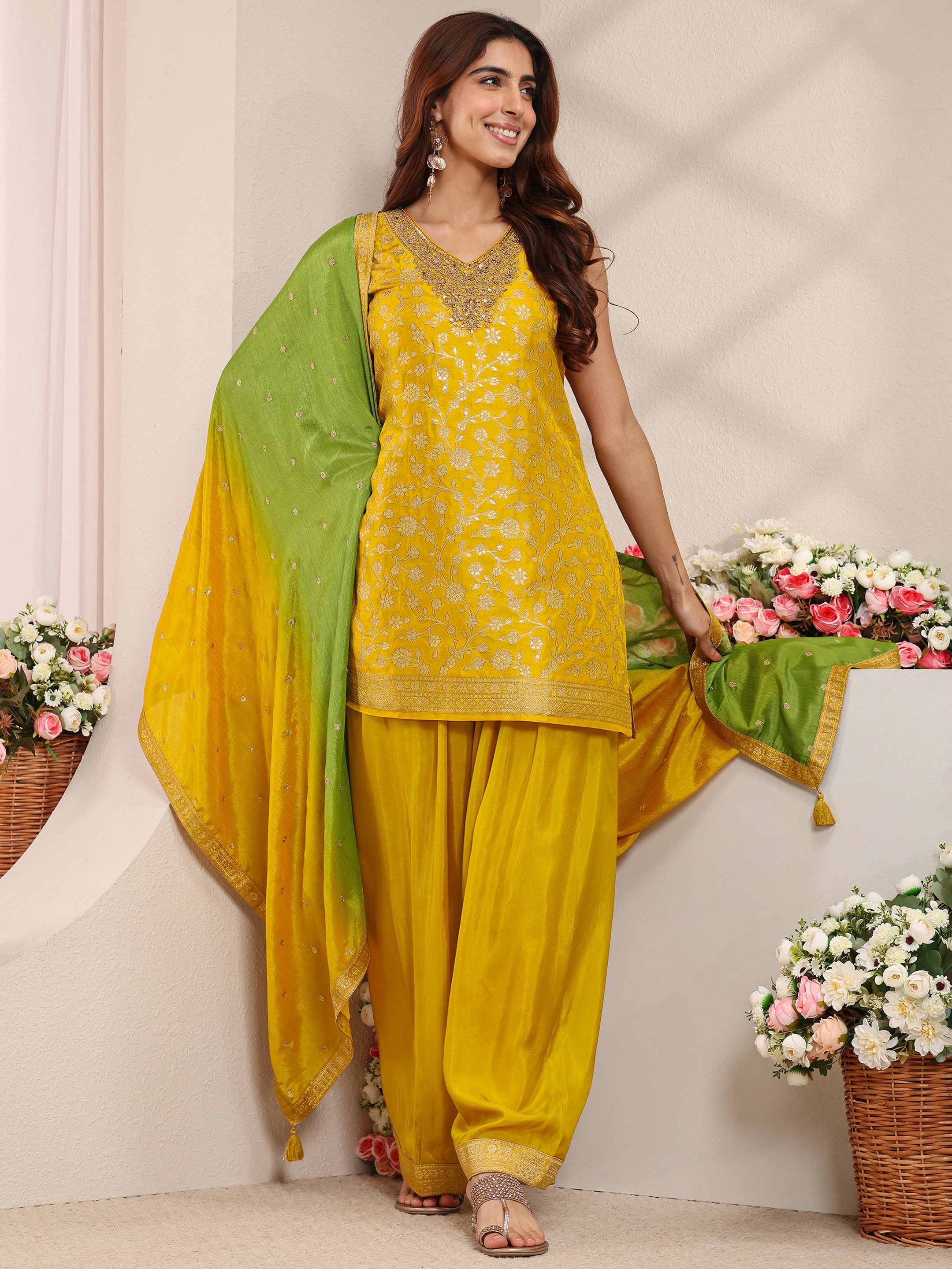 Mustard Woven Design Silk Blend Straight Kurta, Salwar And Dupatta Set
