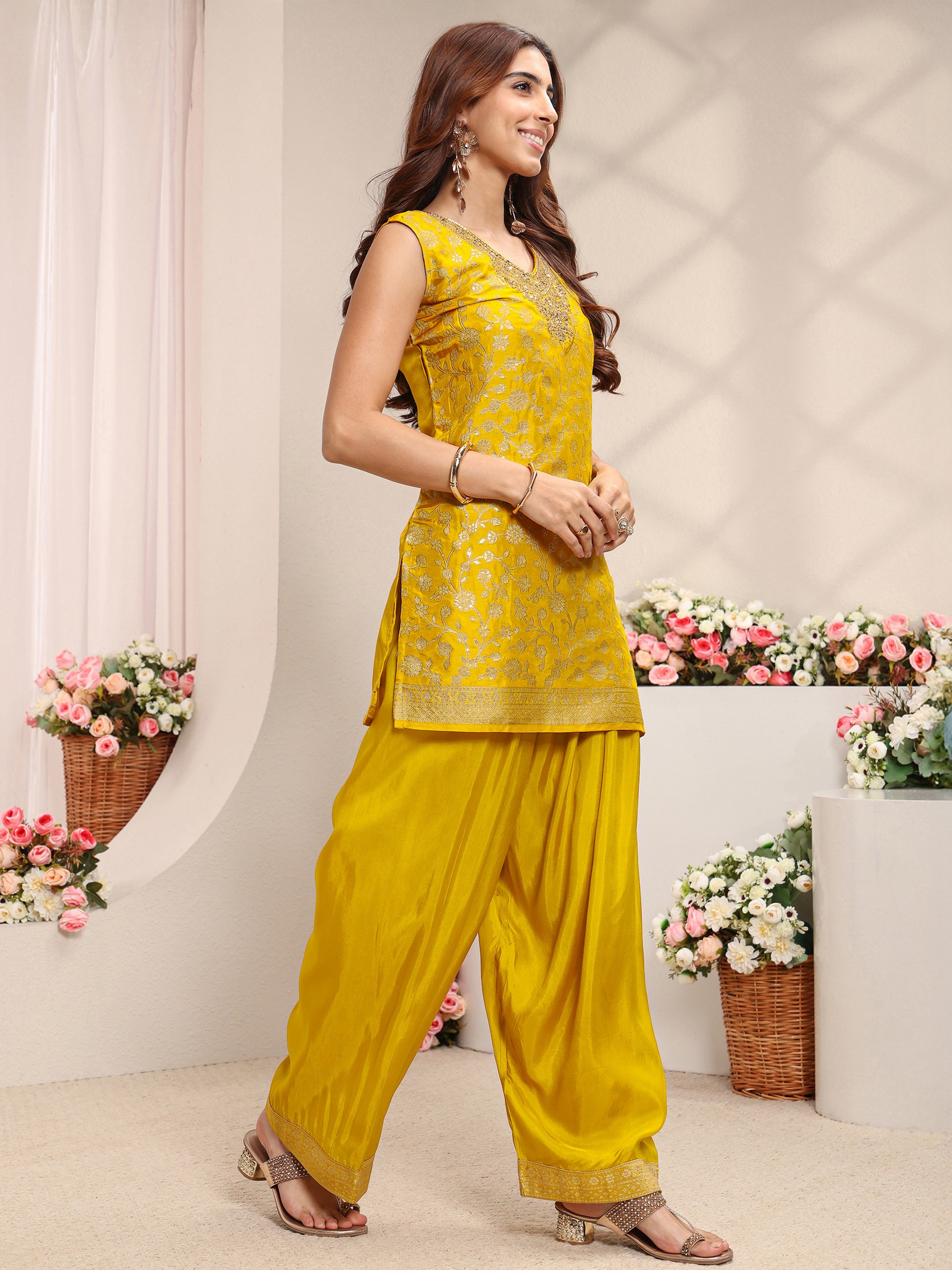 Mustard Woven Design Silk Blend Straight Kurta, Salwar And Dupatta Set