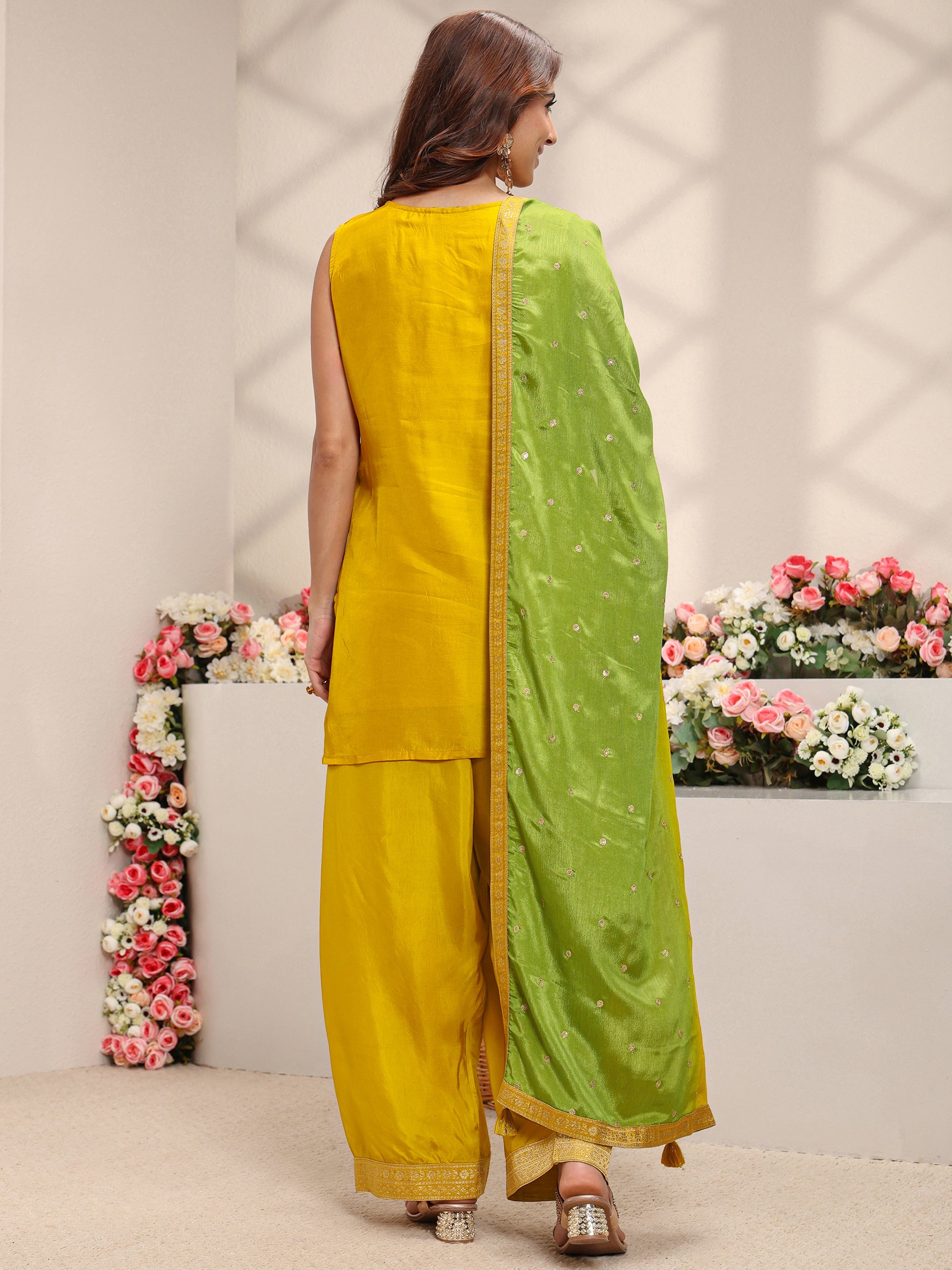 Mustard Woven Design Silk Blend Straight Kurta, Salwar And Dupatta Set