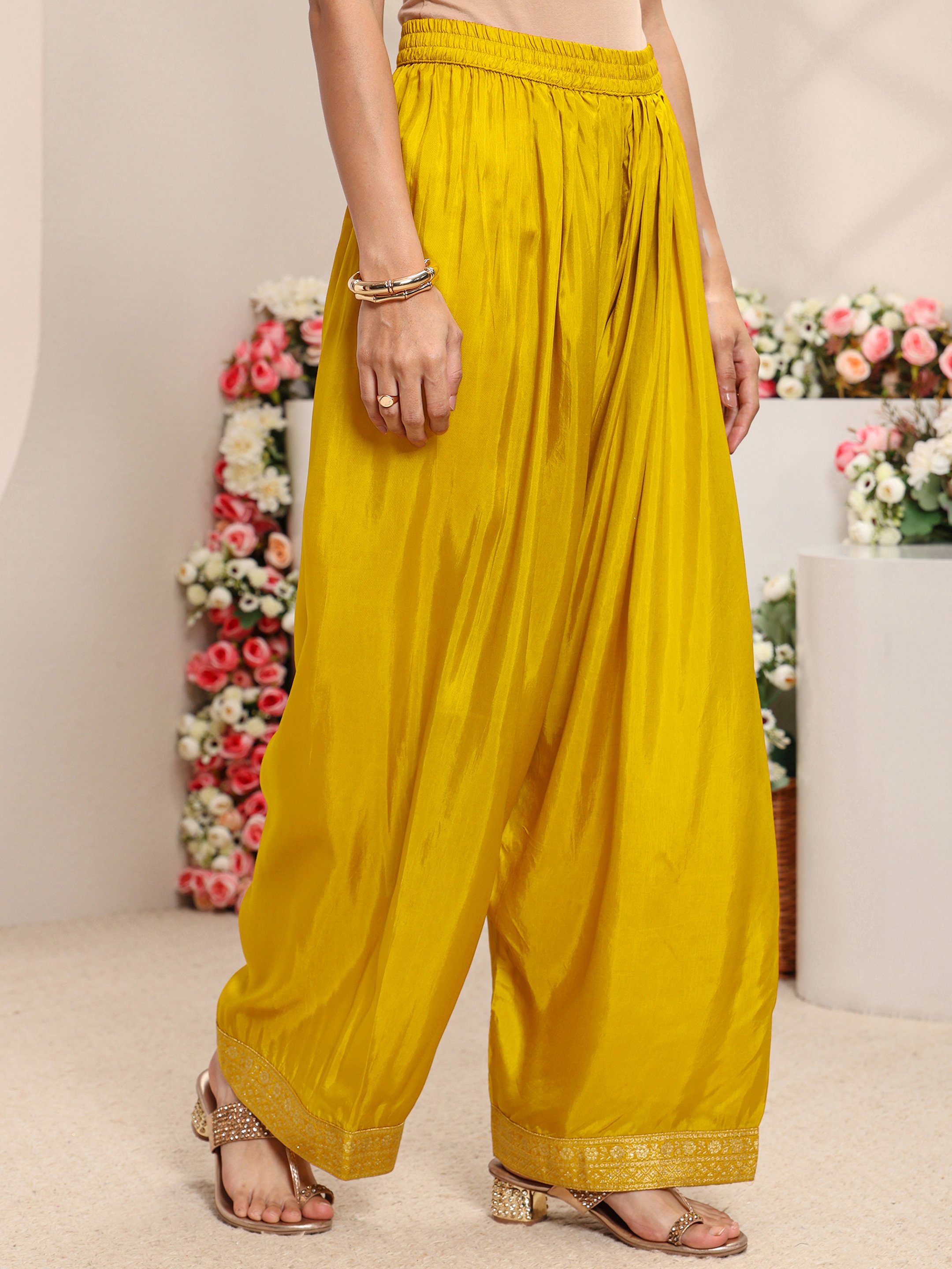 Mustard Woven Design Silk Blend Straight Kurta, Salwar And Dupatta Set