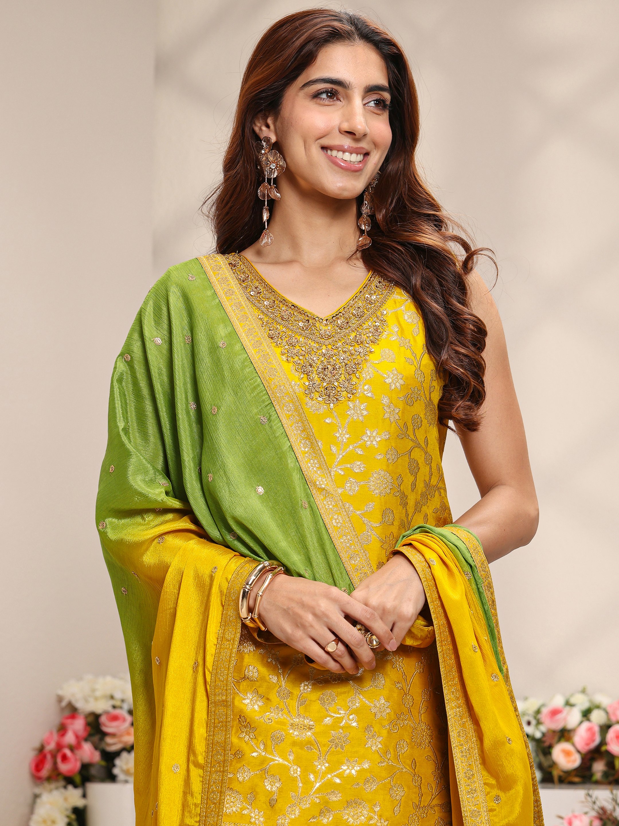 Mustard Woven Design Silk Blend Straight Kurta, Salwar And Dupatta Set