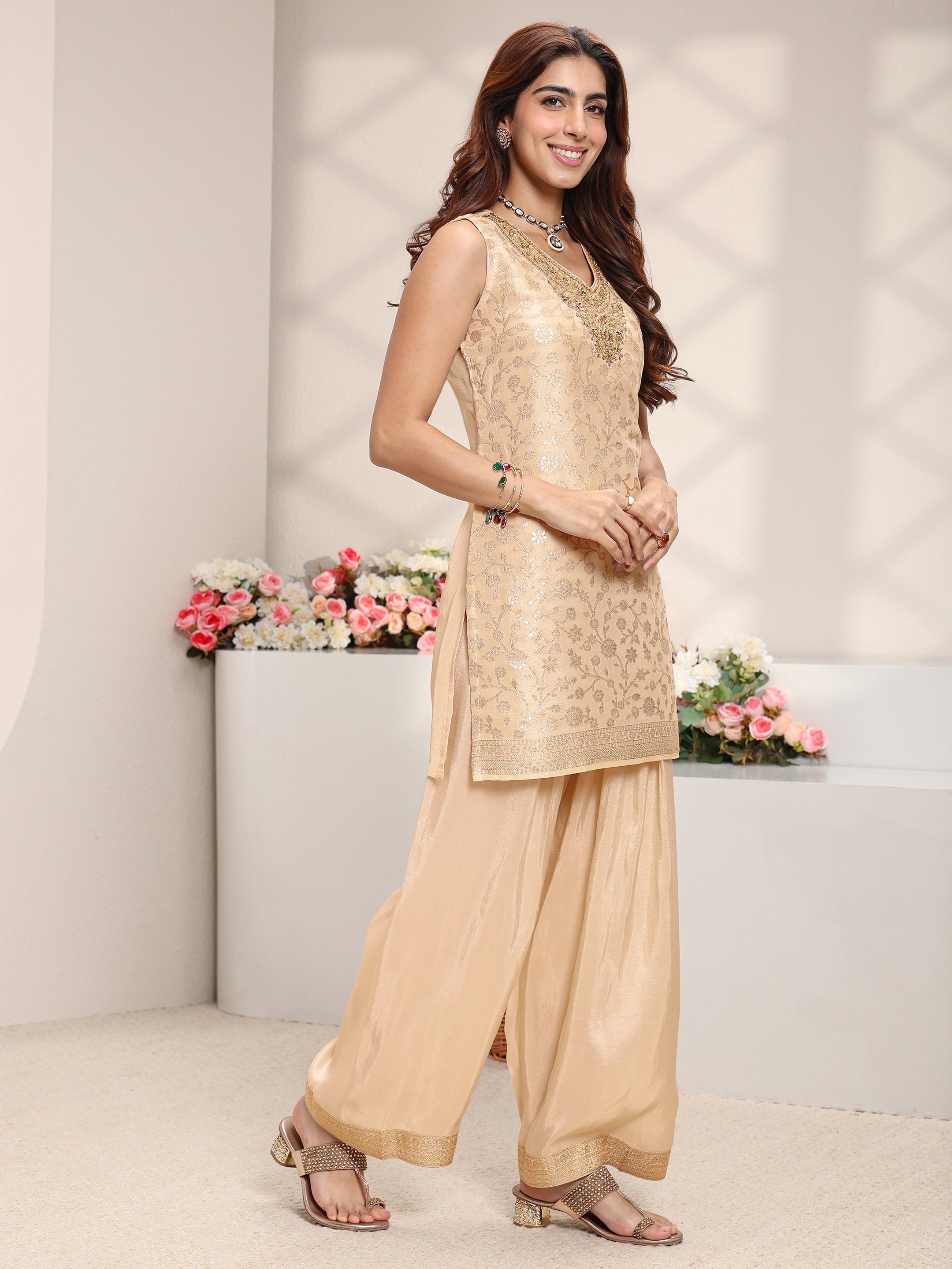 Cream Woven Design Silk Blend Straight Kurta, Salwar And Dupatta Set