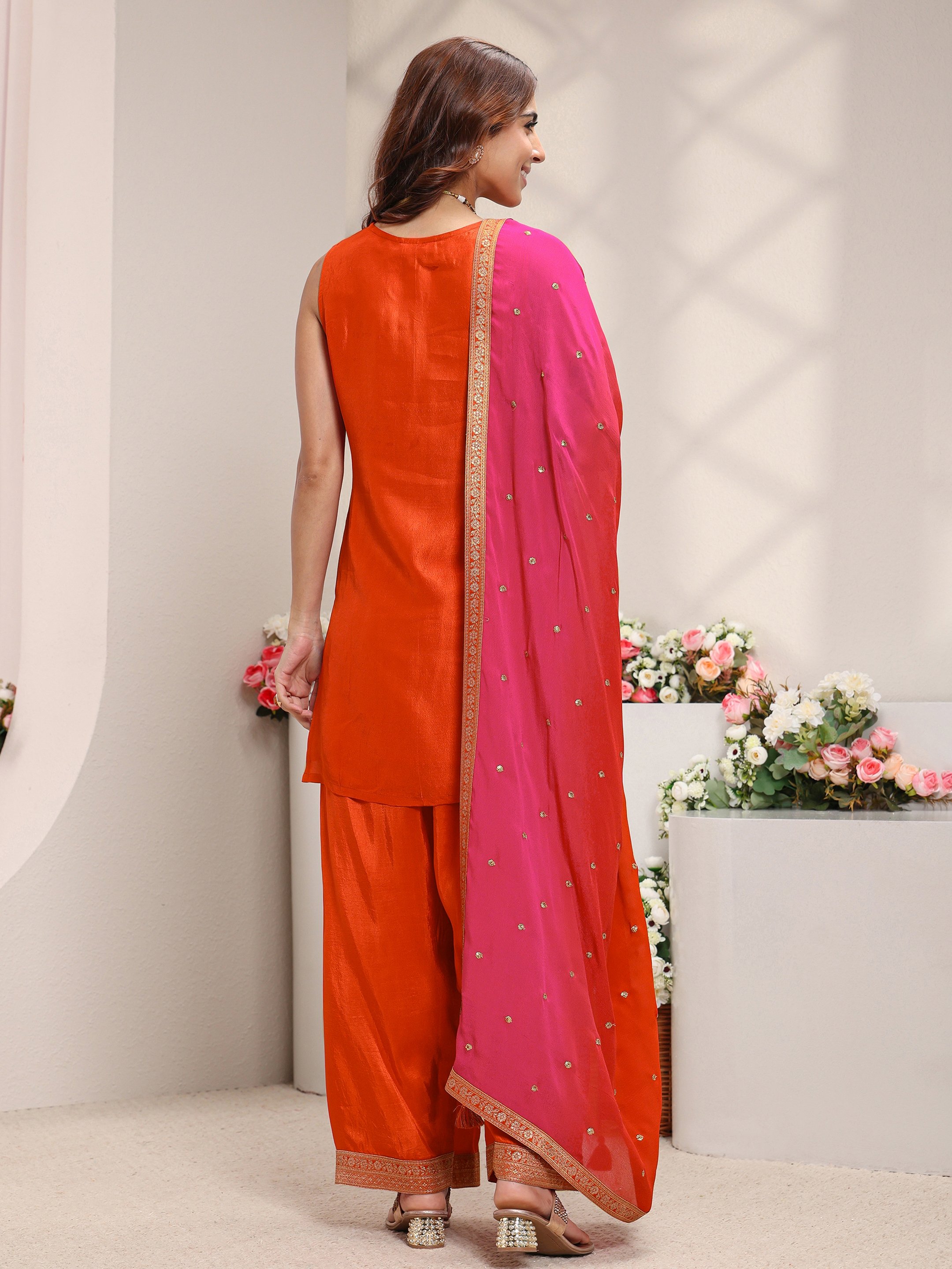 Orange Woven Design Silk Blend Straight Kurta, Salwar And Dupatta Set