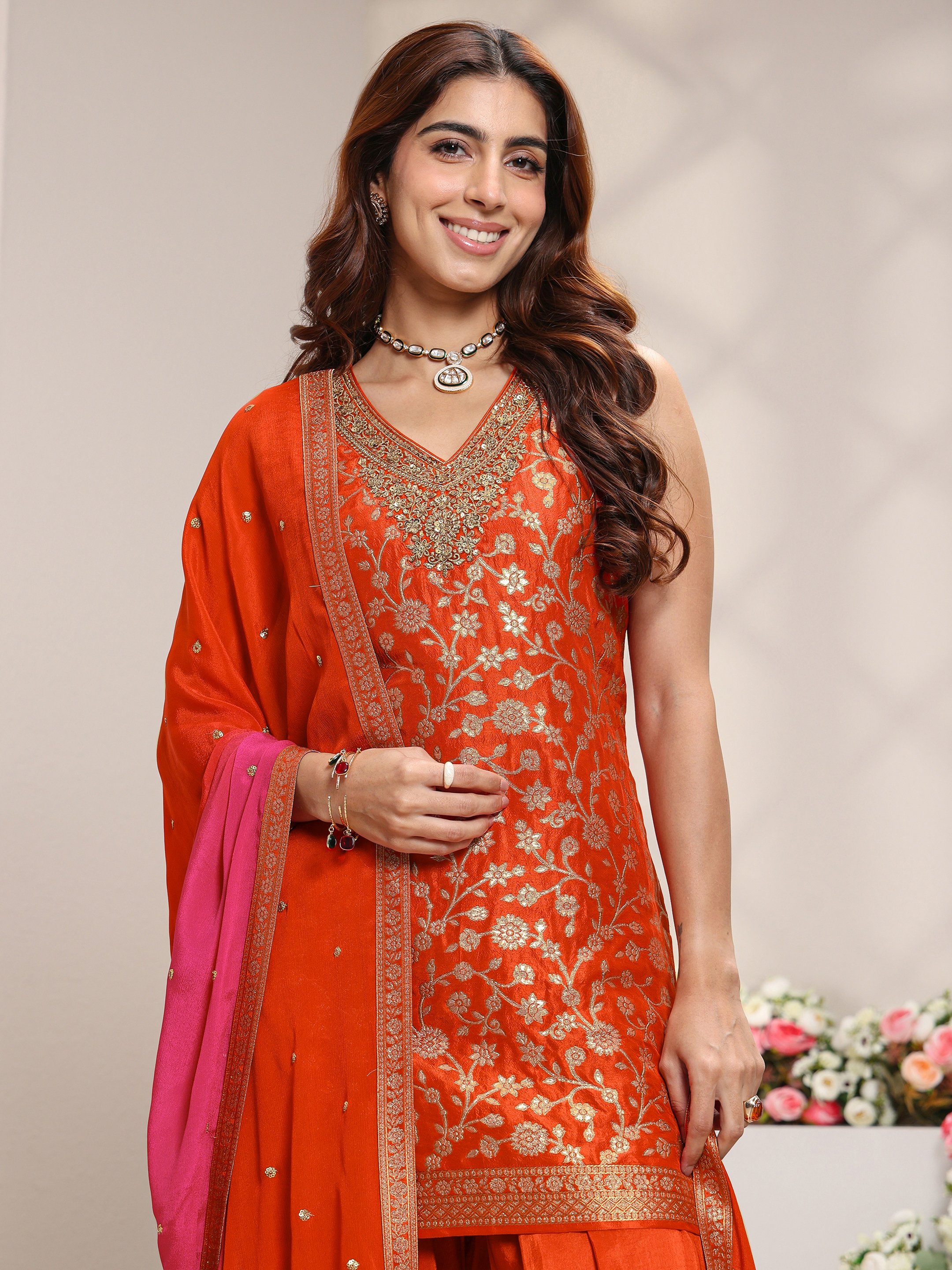 Orange Woven Design Silk Blend Straight Kurta, Salwar And Dupatta Set