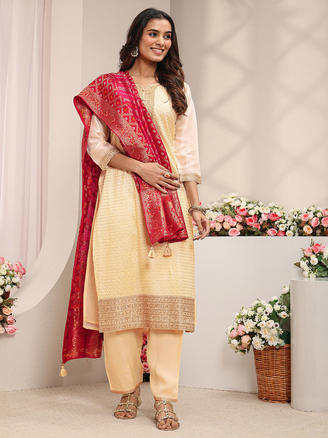 Cream Woven Design Silk Blend Straight Kurta, Pants And Dupatta Set